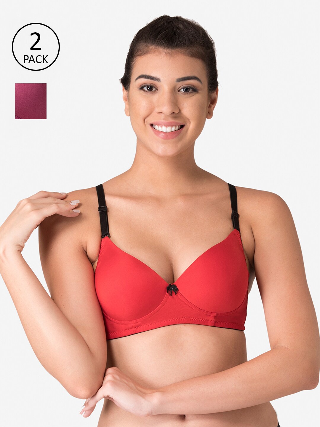

KOMLI Pack of 2 Red & Purple Non Wired Full Coverage Bras
