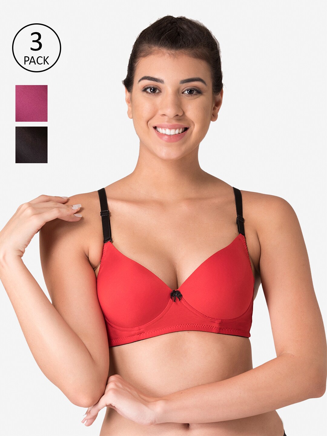 

KOMLI Pack of 3 Red & Black Lightly Padded Workout Bras K-9811-3PC-RD-MG-BLK