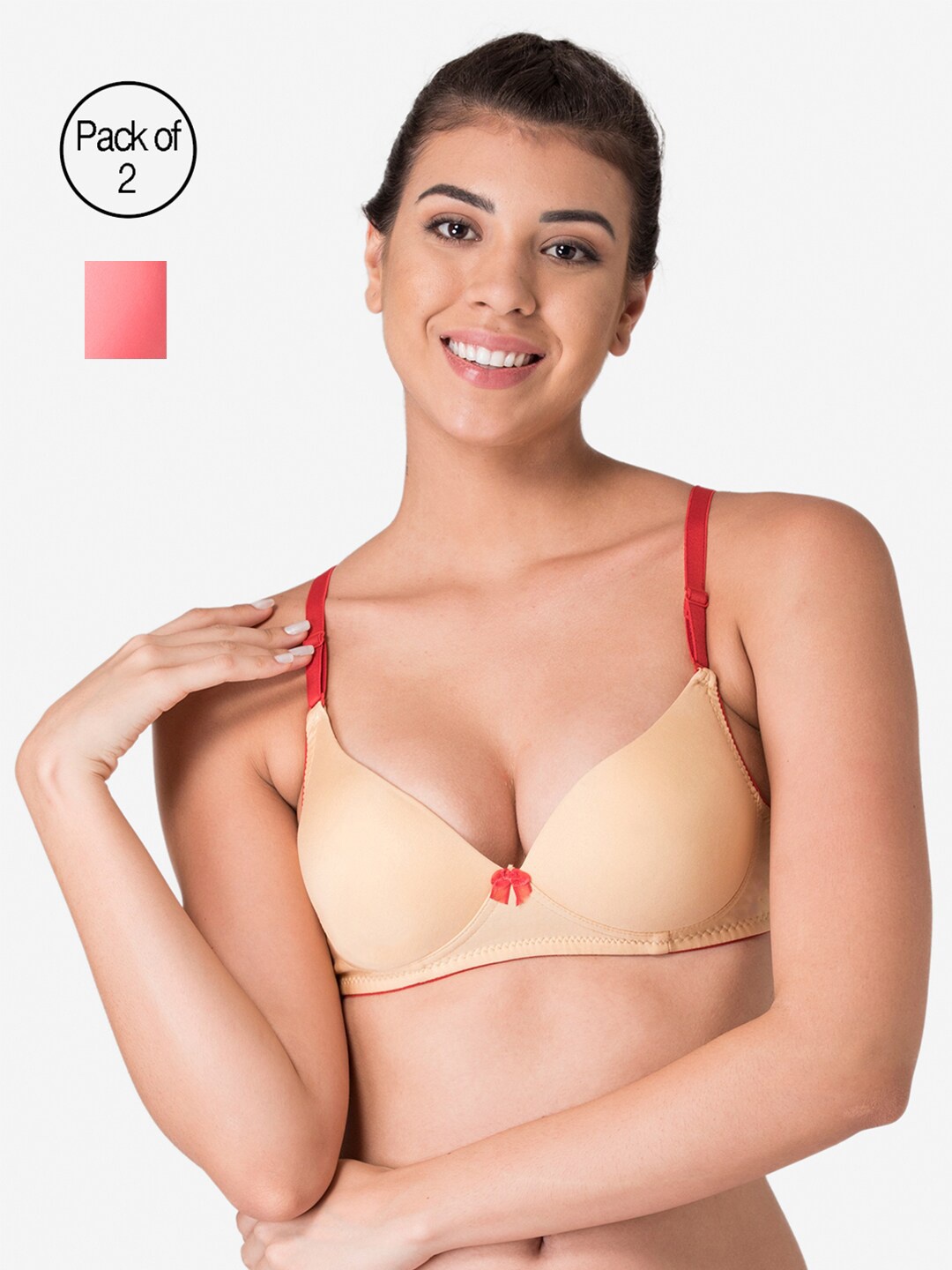 

KOMLI Pack of 2 Beige & Coral Non Wired Half Coverage Tshirt Bra