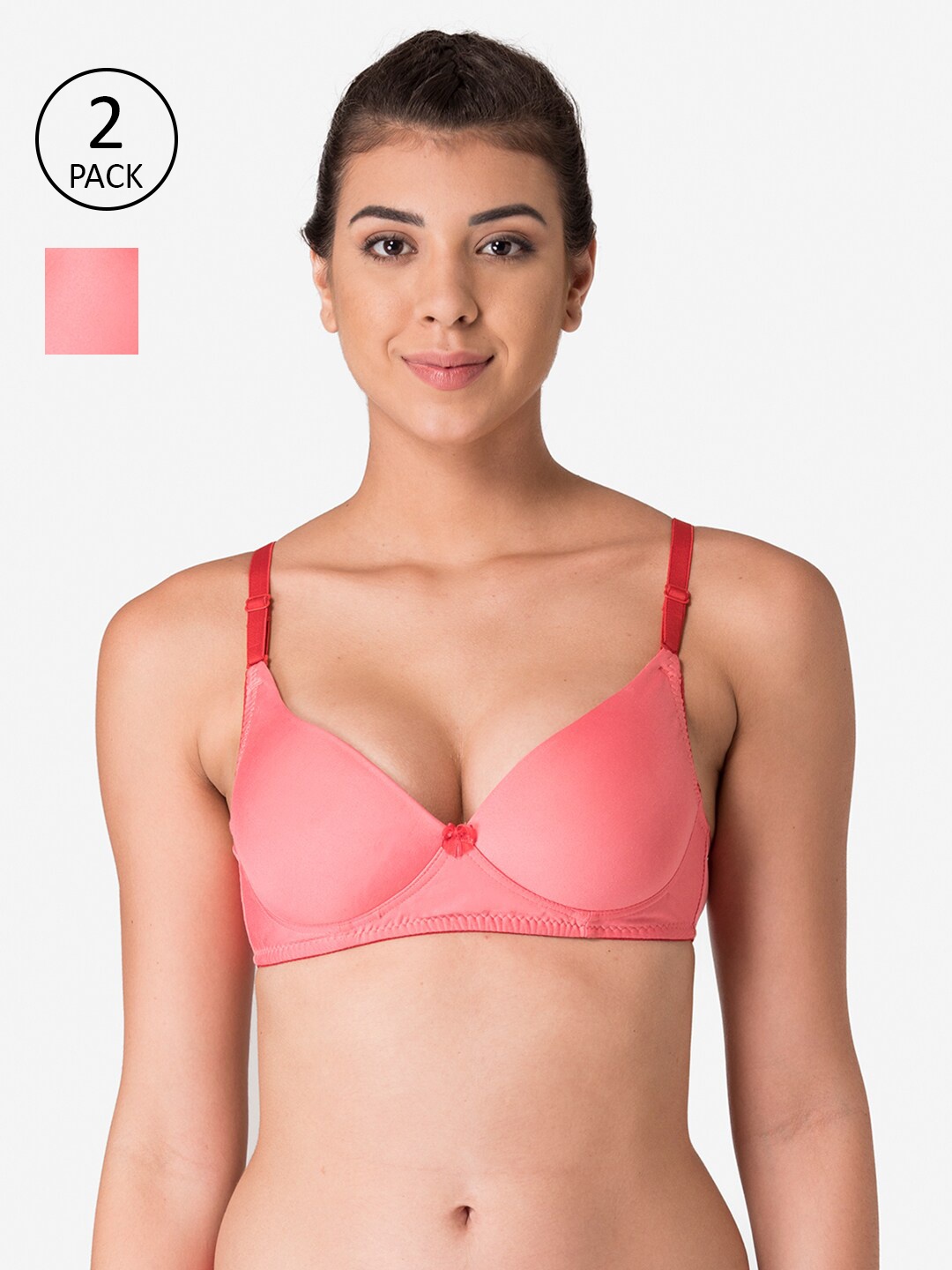 

KOMLI Pack Of 2 Coral Solid Workout Bras - Non-Wired Lightly Padded