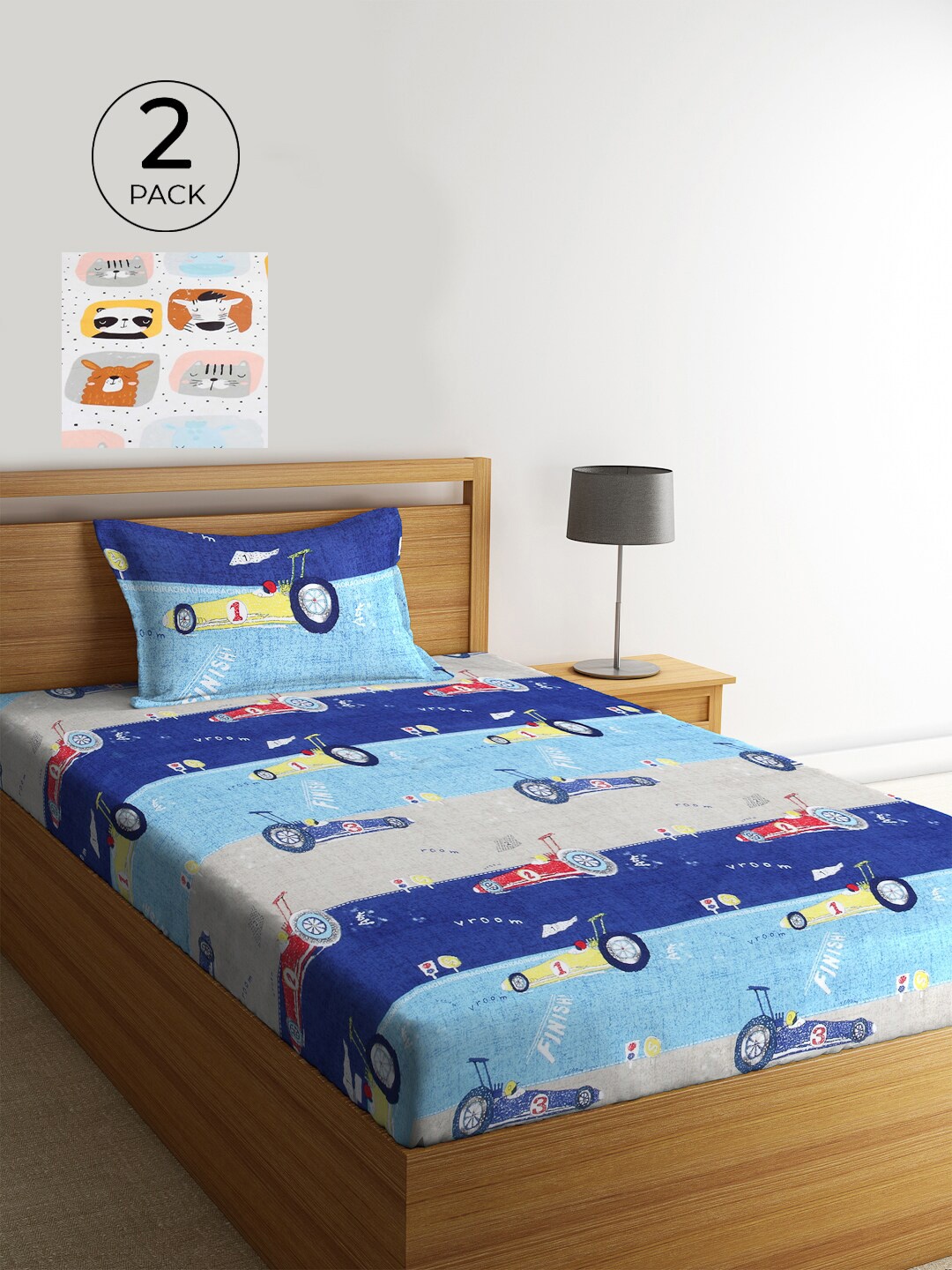 

KLOTTHE Set of 2 Blue & White Cartoon 210 TC Single Bedsheets with 2 Pillow Covers