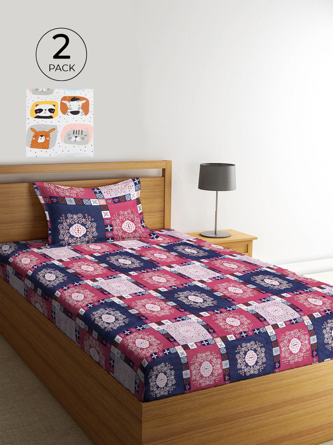 

KLOTTHE Set of 2 Pink & White Geometric 210 TC Single Bedsheets with 2 Pillow Covers