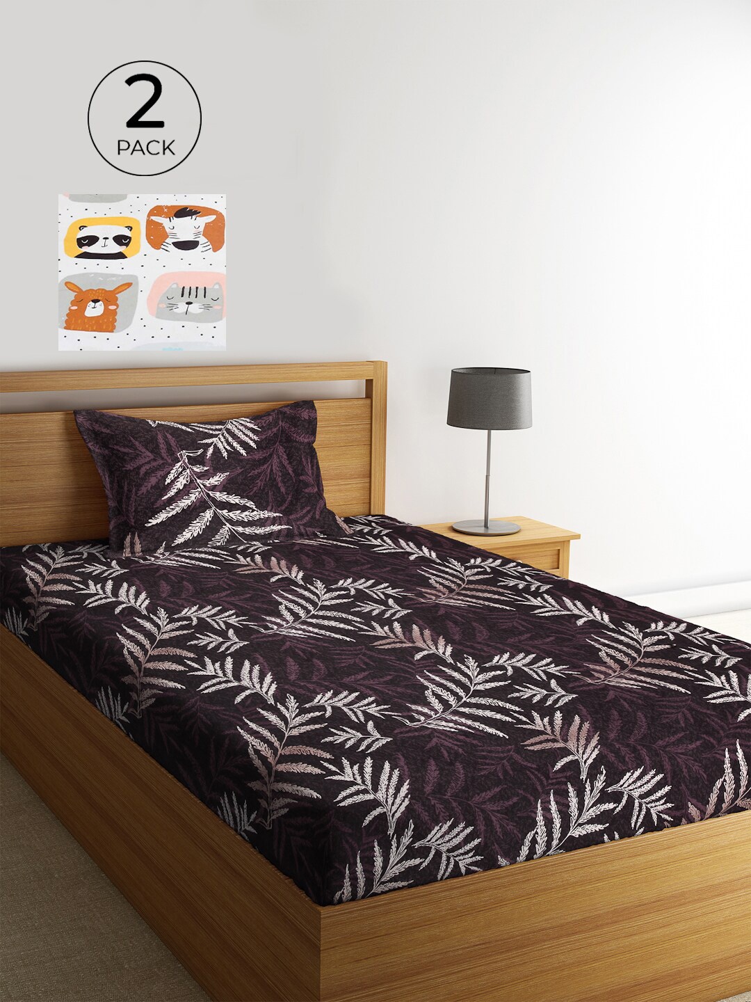 

KLOTTHE Set of 2 Charcoal Grey & White Floral 210 TC Single Bedsheets with 2 Pillow Covers