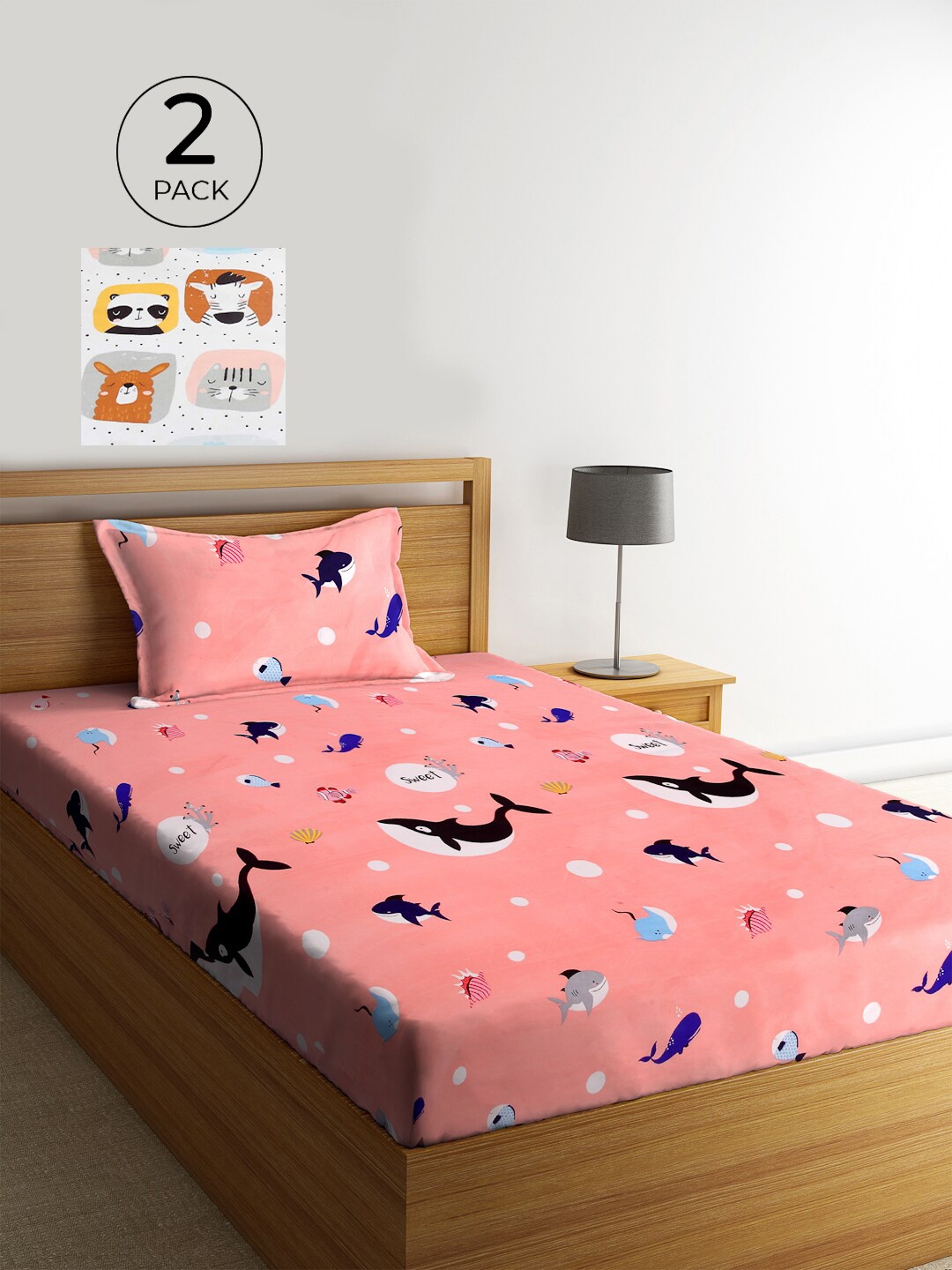 

KLOTTHE Set of 2 Pink & Off White Cartoon 210 TC Single Bedsheets with 2 Pillow Covers
