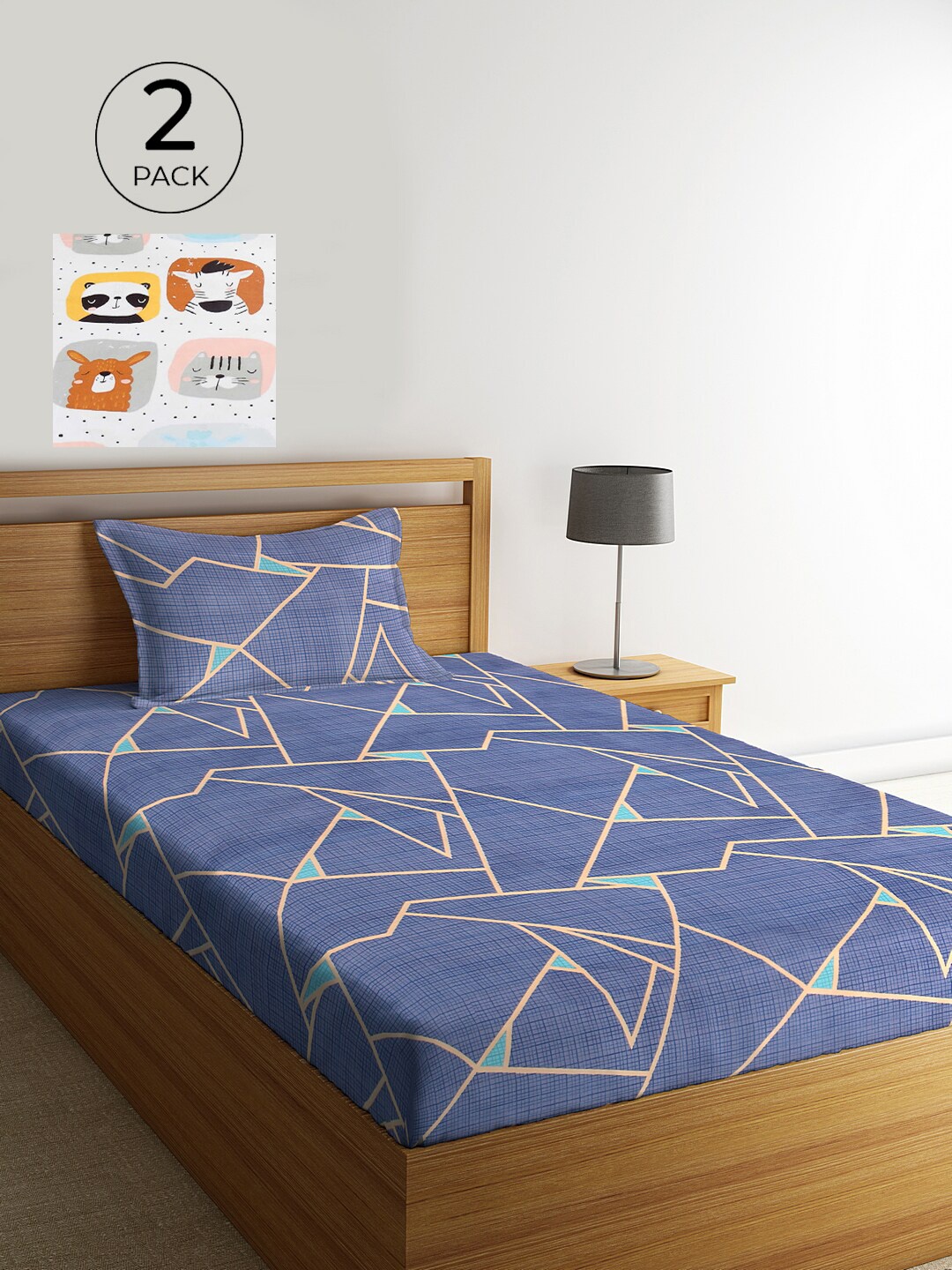 

KLOTTHE Set of 2 Blue & White Geometric 210 TC Single Bedsheets with 2 Pillow Covers