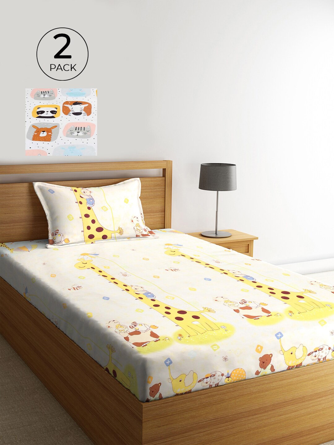 

KLOTTHE Set of 2 White & Yellow Cartoon 210 TC Single Bedsheet swith 2 Pillow Covers