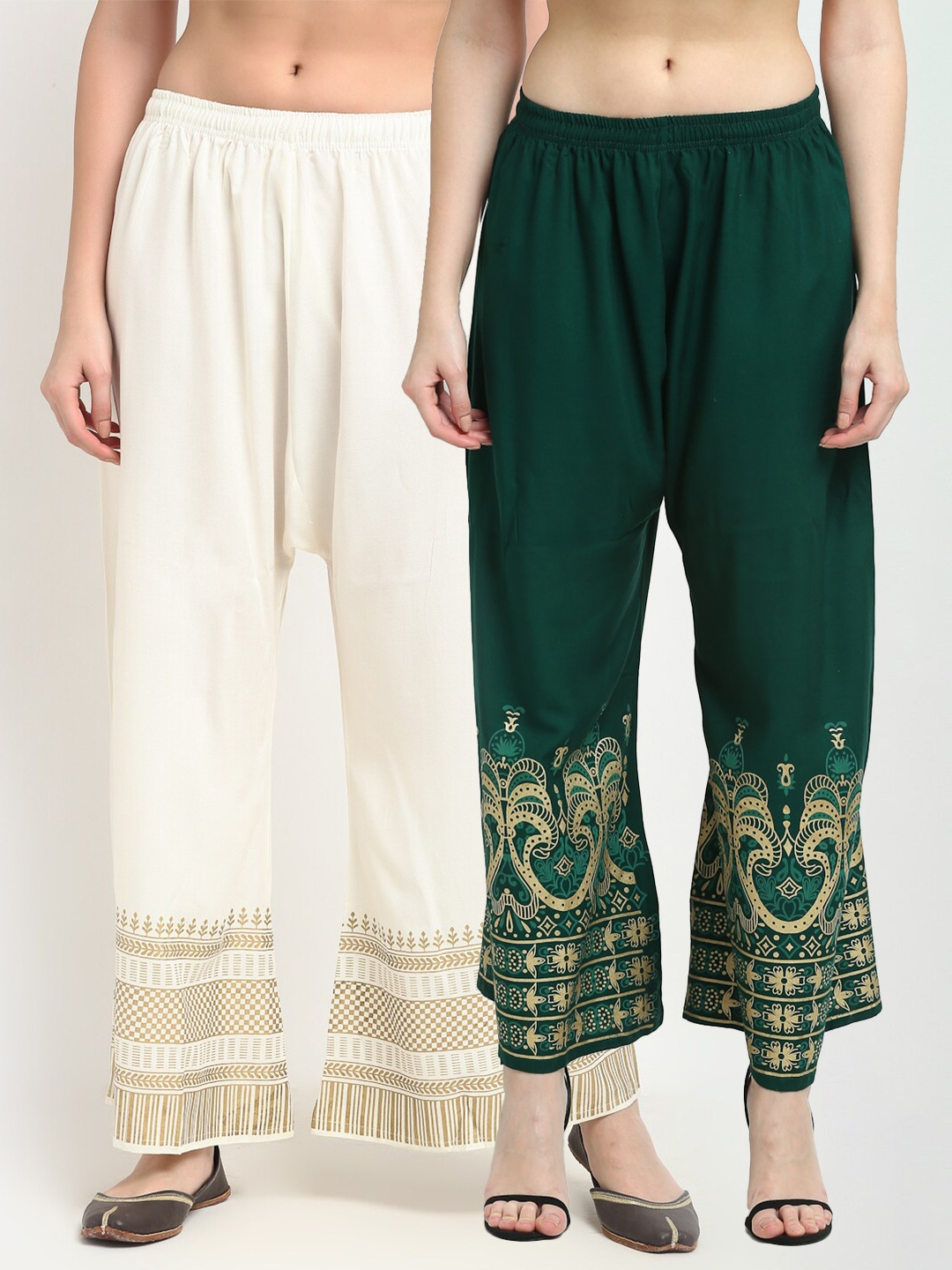 

TAG 7 Women Pack of 2 Green & White Printed Wide Leg Palazzos