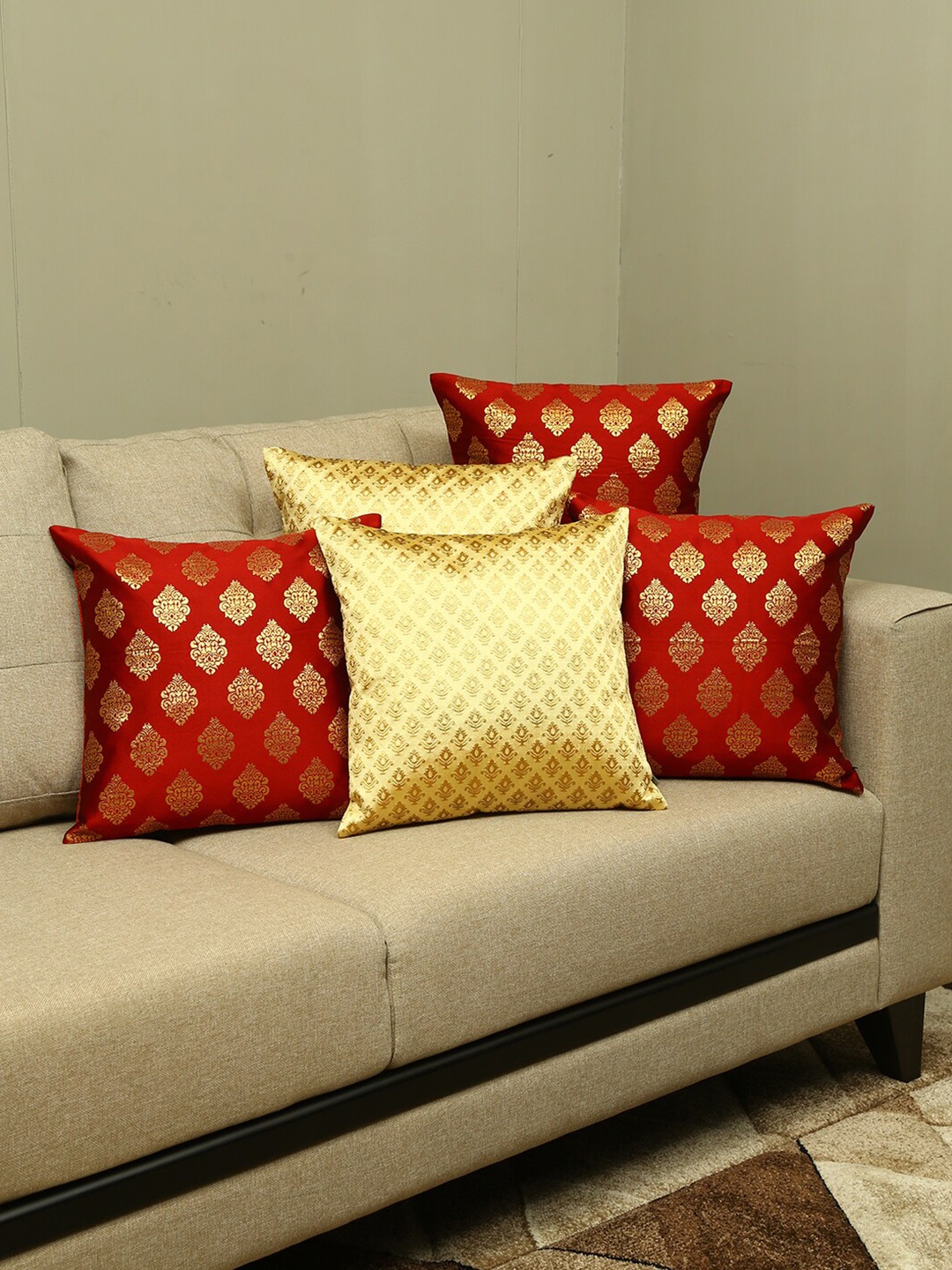 

HomeTown Maroon & Gold-Toned Set of 5 Embroidered Square Cushion Covers