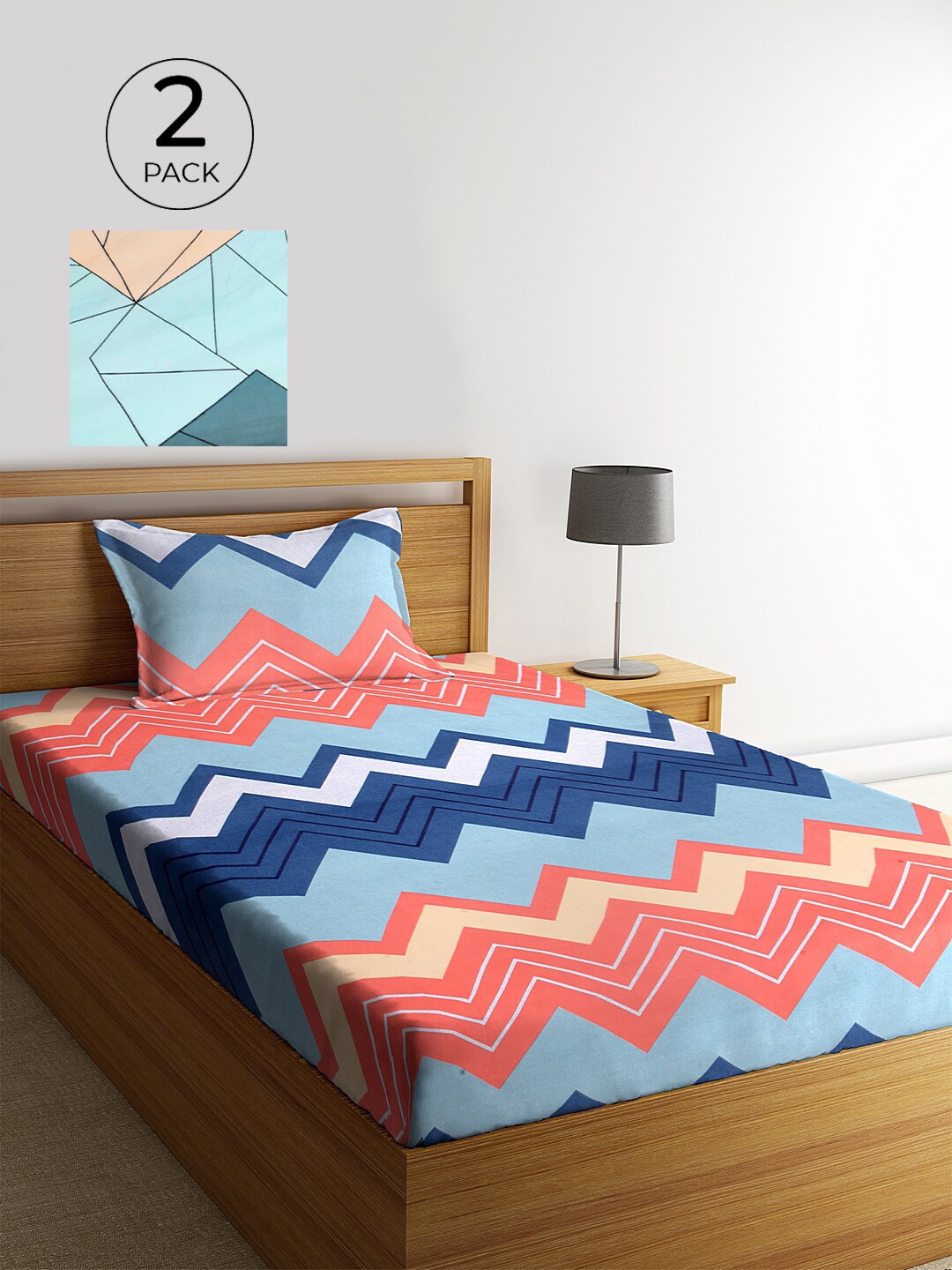 

KLOTTHE Set of 2 Blue & Teal Geometric 210 TC Single Bedsheets with 2 Pillow Covers