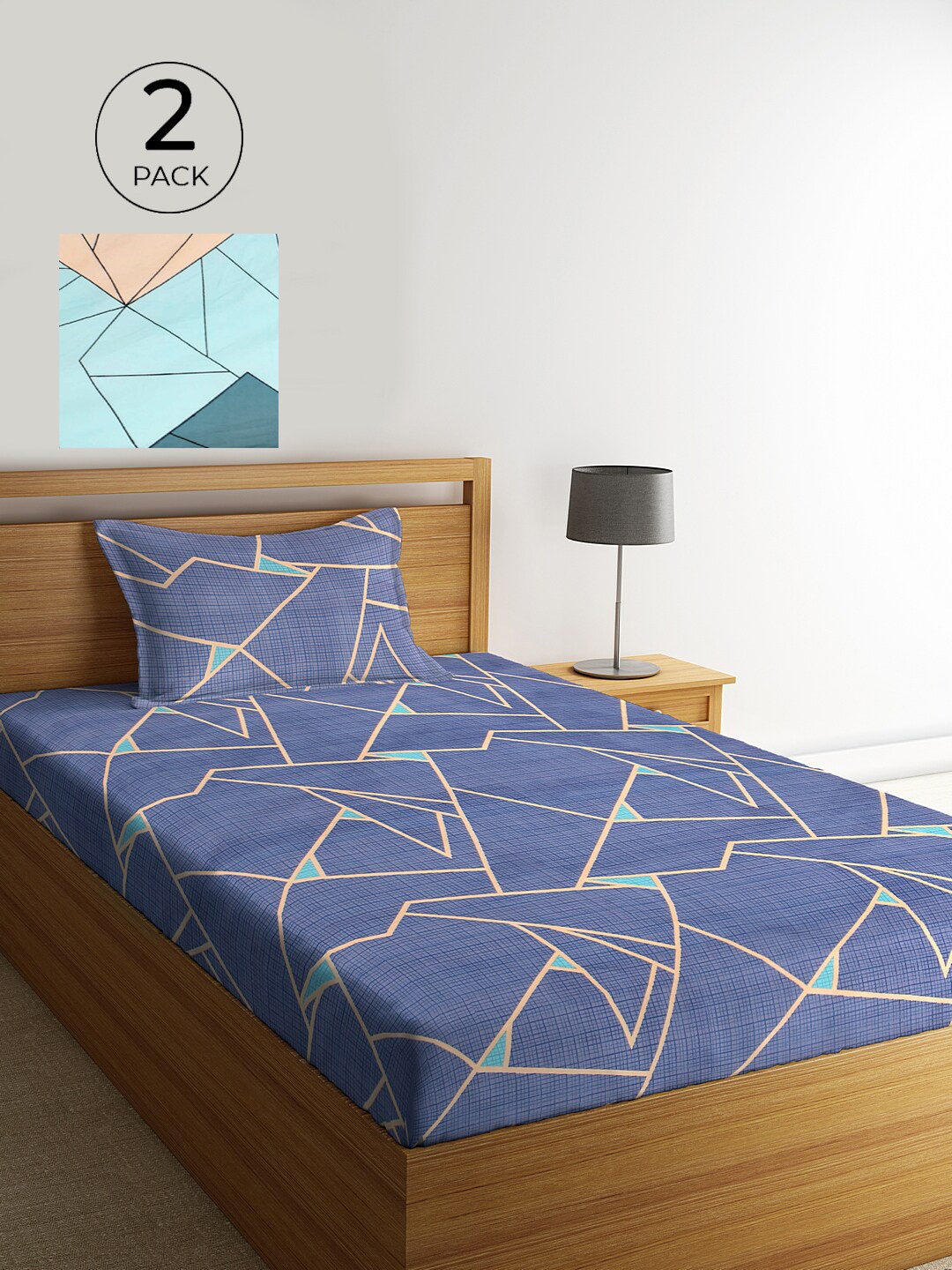 

KLOTTHE Blue & Peach-Coloured Geometric 210 TC 2 Single Bedsheet with 2 Pillow Covers