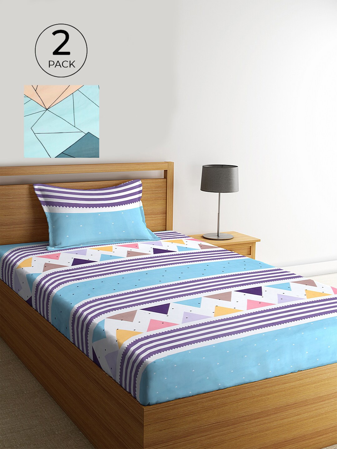 

KLOTTHE Set of 2 Blue & Teal Geometric 210 TC Single Bedsheets with 2 Pillow Covers