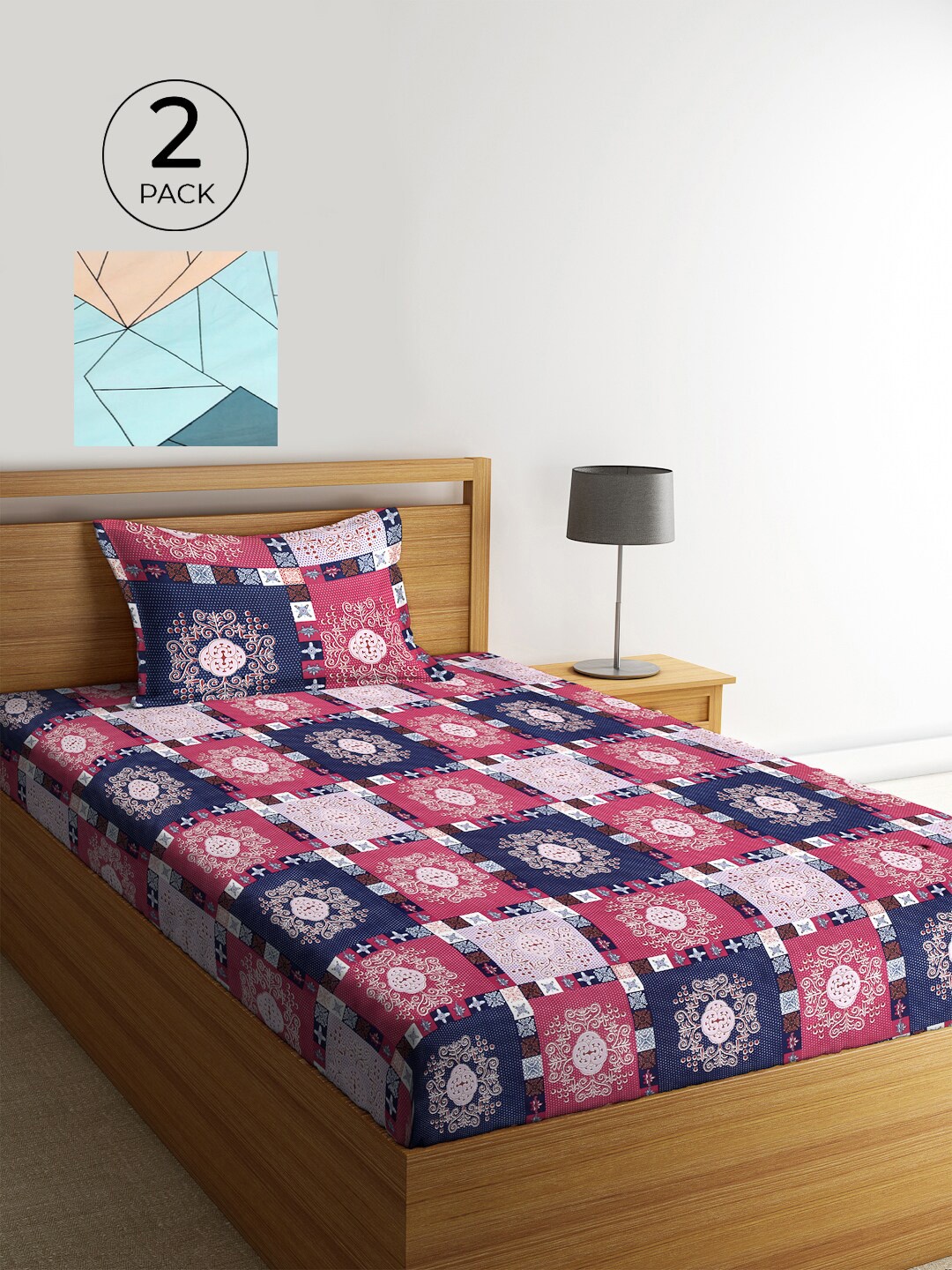 

KLOTTHE Set of 2 Pink & Teal Geometric 210 TC Single Bedsheets with 2 Pillow Covers
