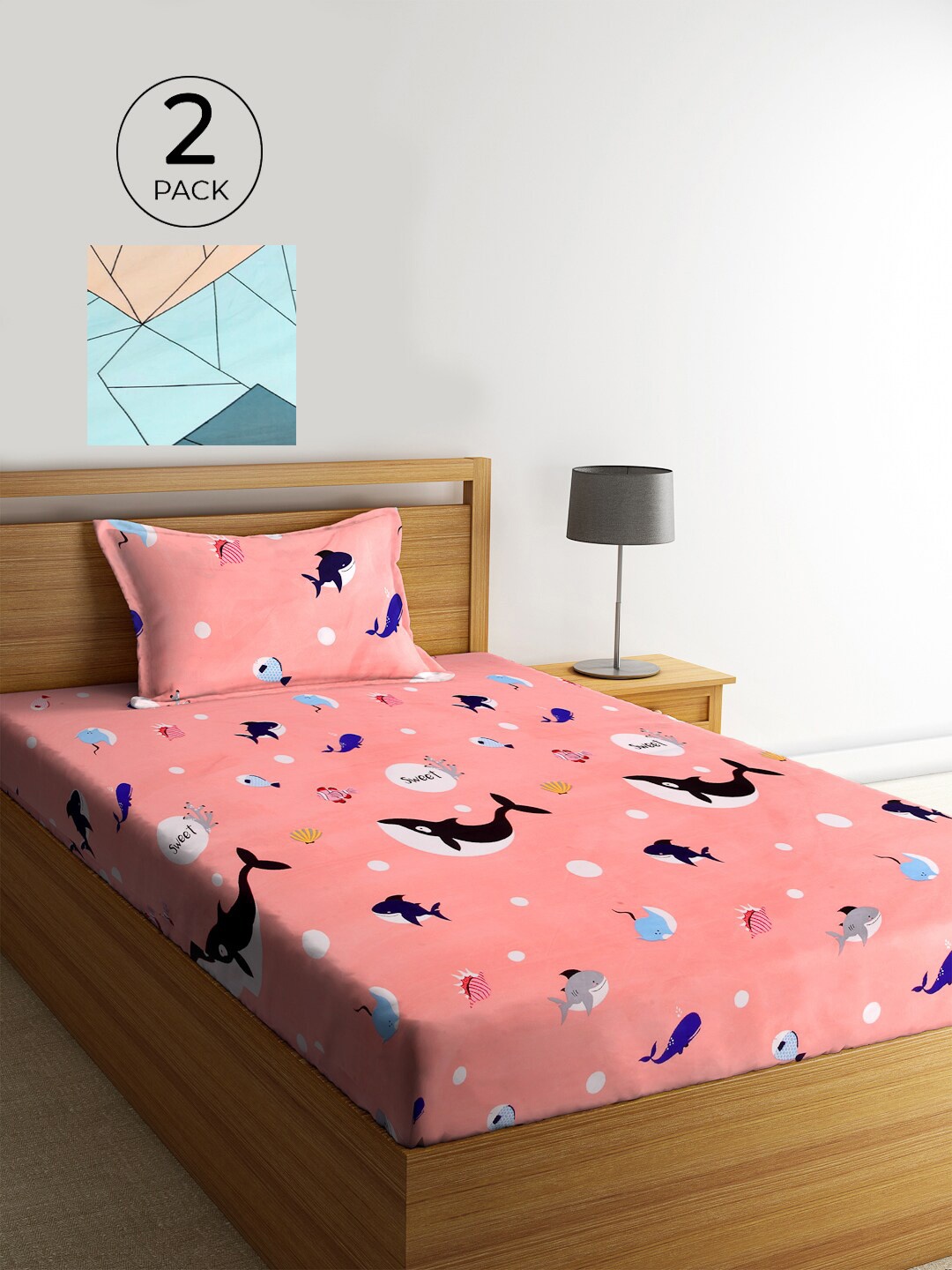 

KLOTTHE Set of 2 Pink & Teal Cartoon 210 TC Single Bedsheets with 2 Pillow Covers