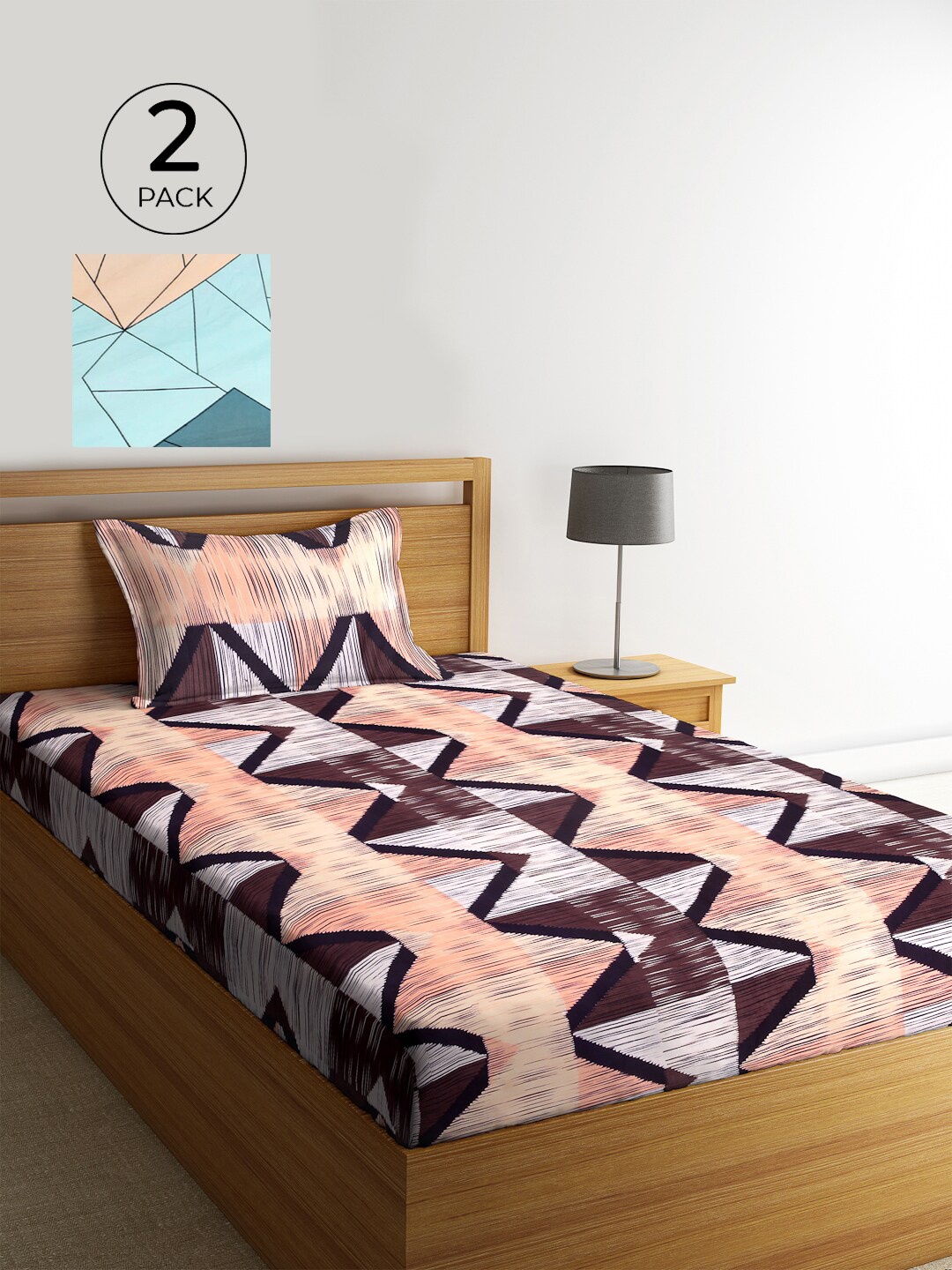 

KLOTTHE Set of 2 Brown & Pink Geometric 300 TC Single Bedsheets with 2 Pillow Covers