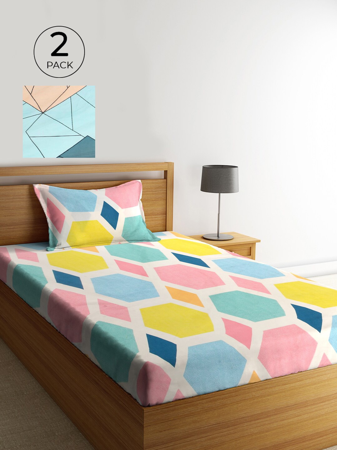 

KLOTTHE Set of 2 Blue & Pink Geometric 300 TC Single Bedsheets with 2 Pillow Covers