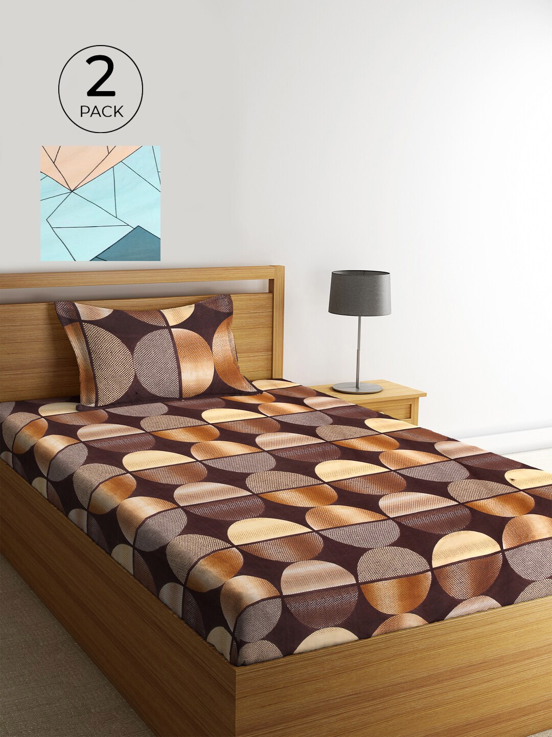 

KLOTTHE Set of 2 Brown & Teal Geometric 210 TC Single Bedsheets with 2 Pillow Covers