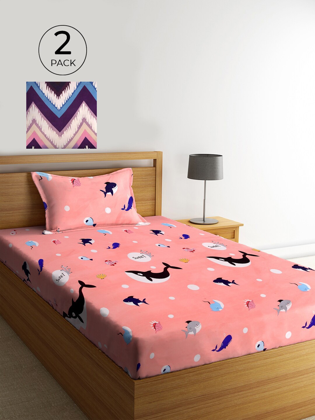 

KLOTTHE Set of 2 Pink & Blue Cartoon 210 TC Single Bedsheets with 2 Pillow Covers