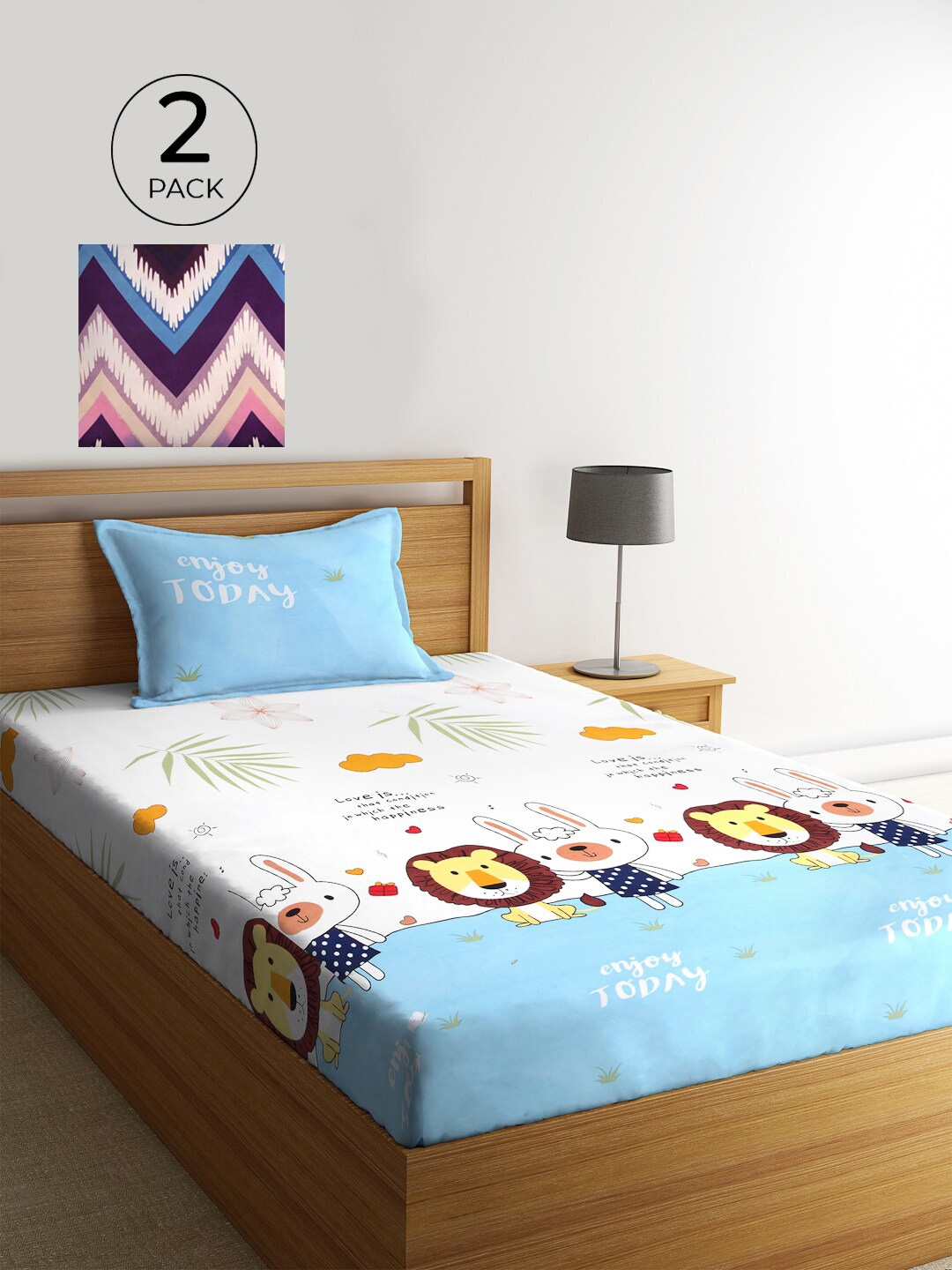 

KLOTTHE Set of 2 White & Blue Cartoon 210 TC Single Bedsheets with 2 Pillow Covers