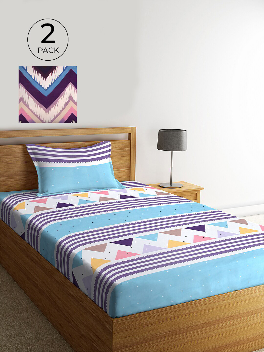 

KLOTTHE Set of 2 Blue & White Geometric 210 TC Single Bedsheets with 2 Pillow Covers