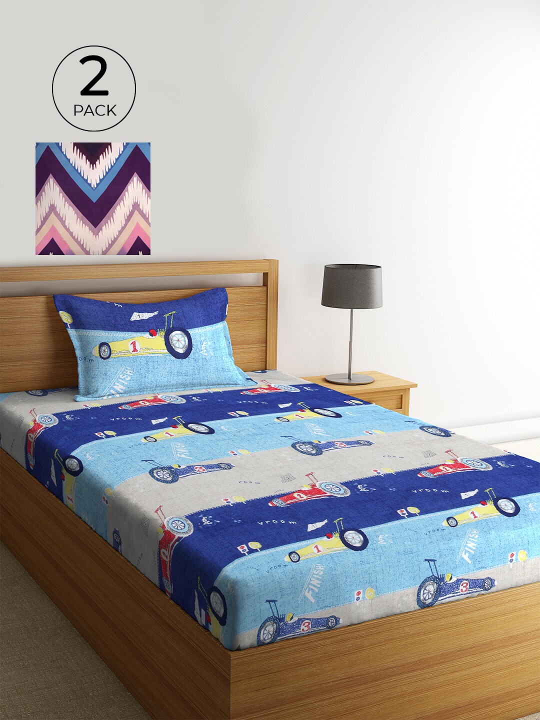 

KLOTTHE Set of 2 Blue & Red Cartoon 210 TC Single Bedsheets with 2 Pillow Covers