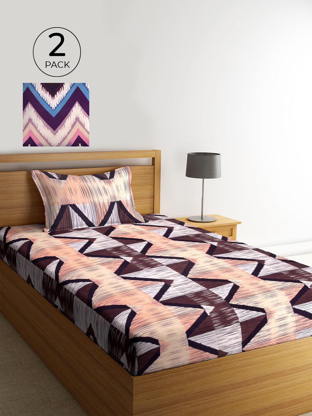 

KLOTTHE Set of 2 Brown & Blue Geometric 210 TC Single Bedsheet with 2 Pillow Covers