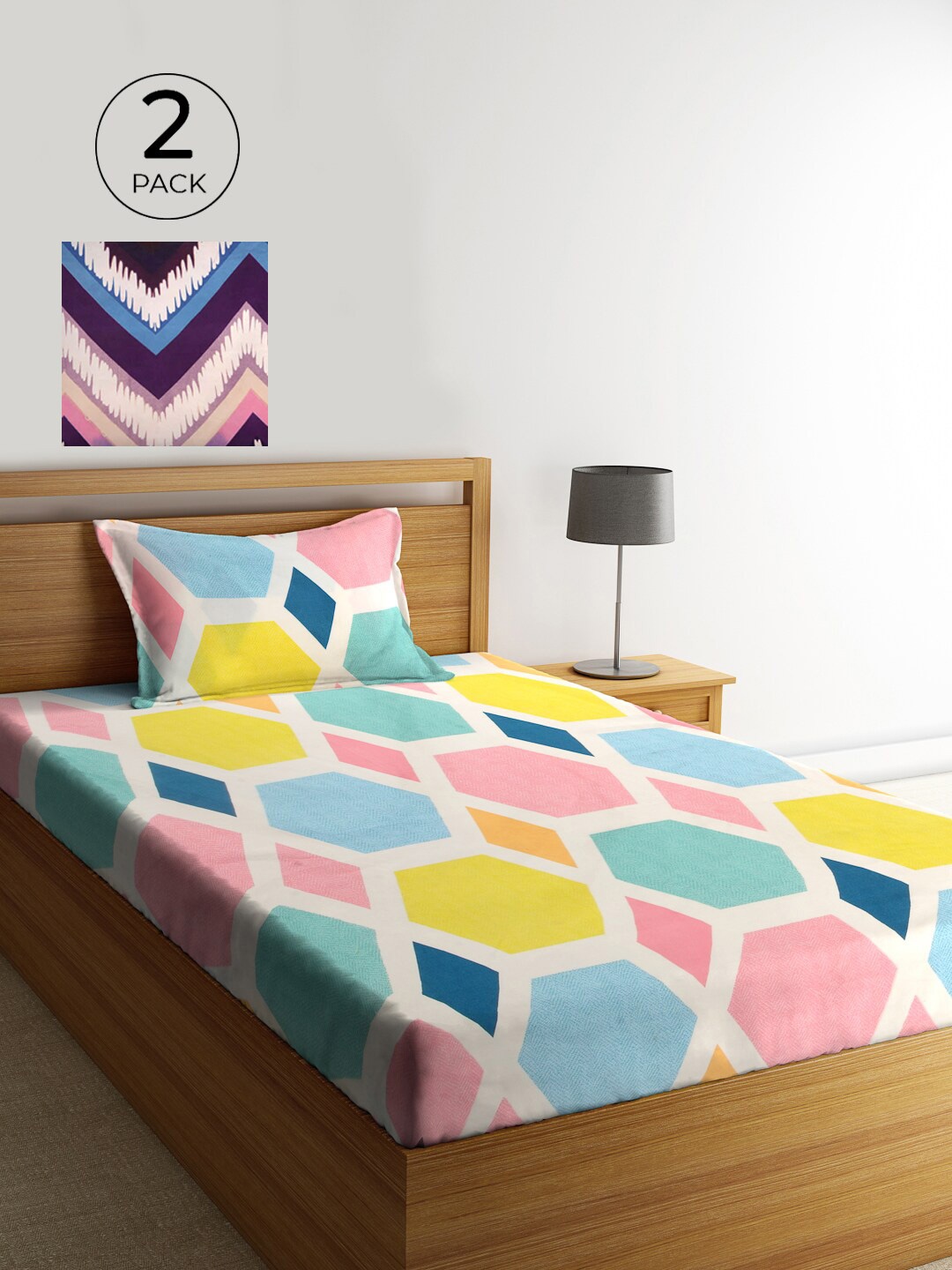 

KLOTTHE Pink & Blue Geometric 210 TC 2 Single Bedsheet with 2 Pillow Covers