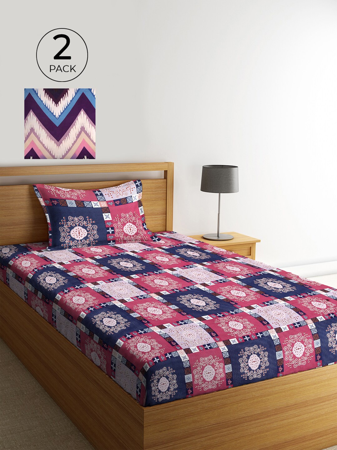 

KLOTTHE Pack of 2 Geometric 210 TC Single Bedsheet with 2 Pillow Covers, Navy blue