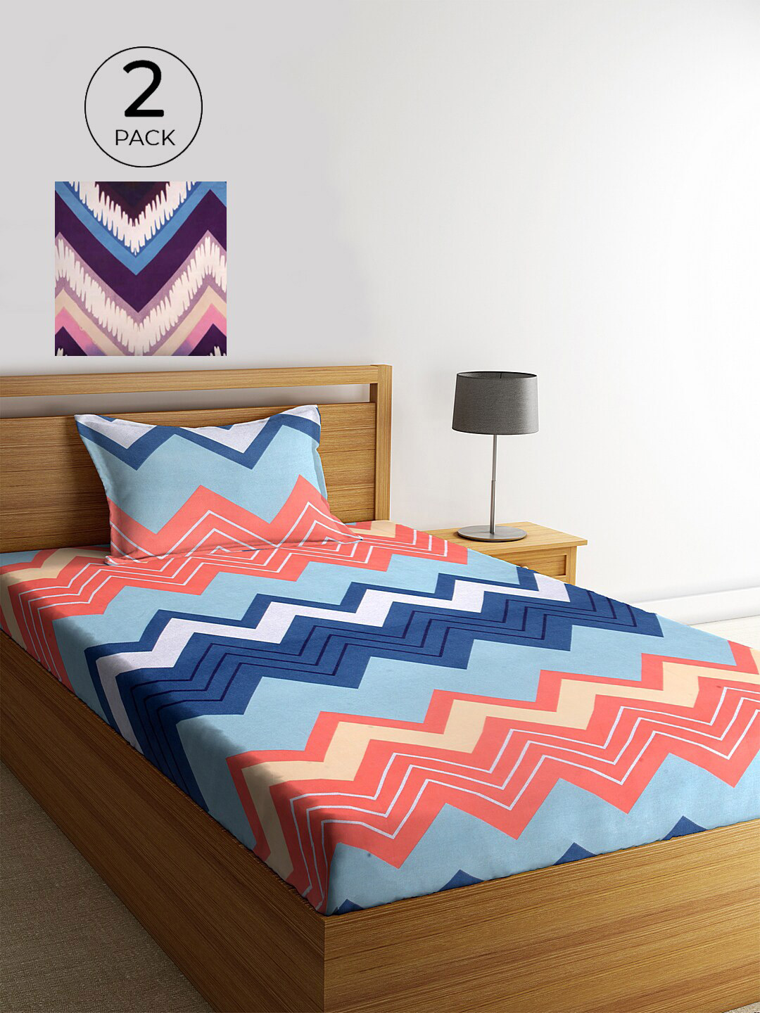 

KLOTTHE Pack of 2 Geometric 210 TC Single Bedsheet with 2 Pillow Covers, Blue