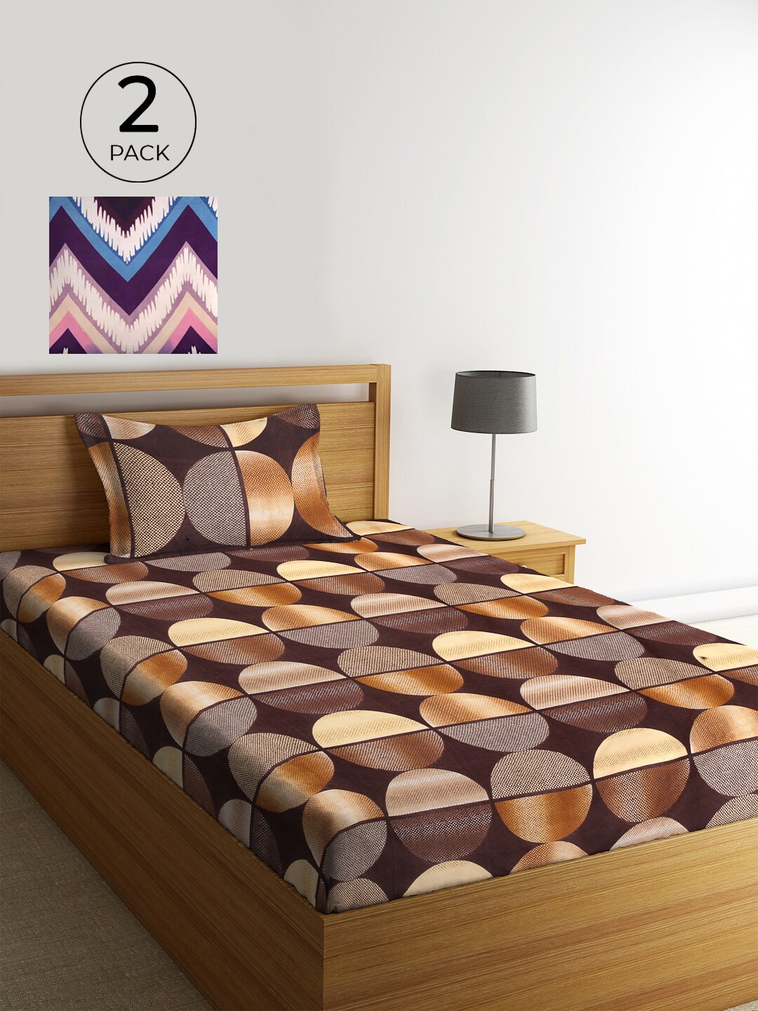 

KLOTTHE Pack of 2 Geometric 210 TC Single Bedsheet with 2 Pillow Covers, Brown