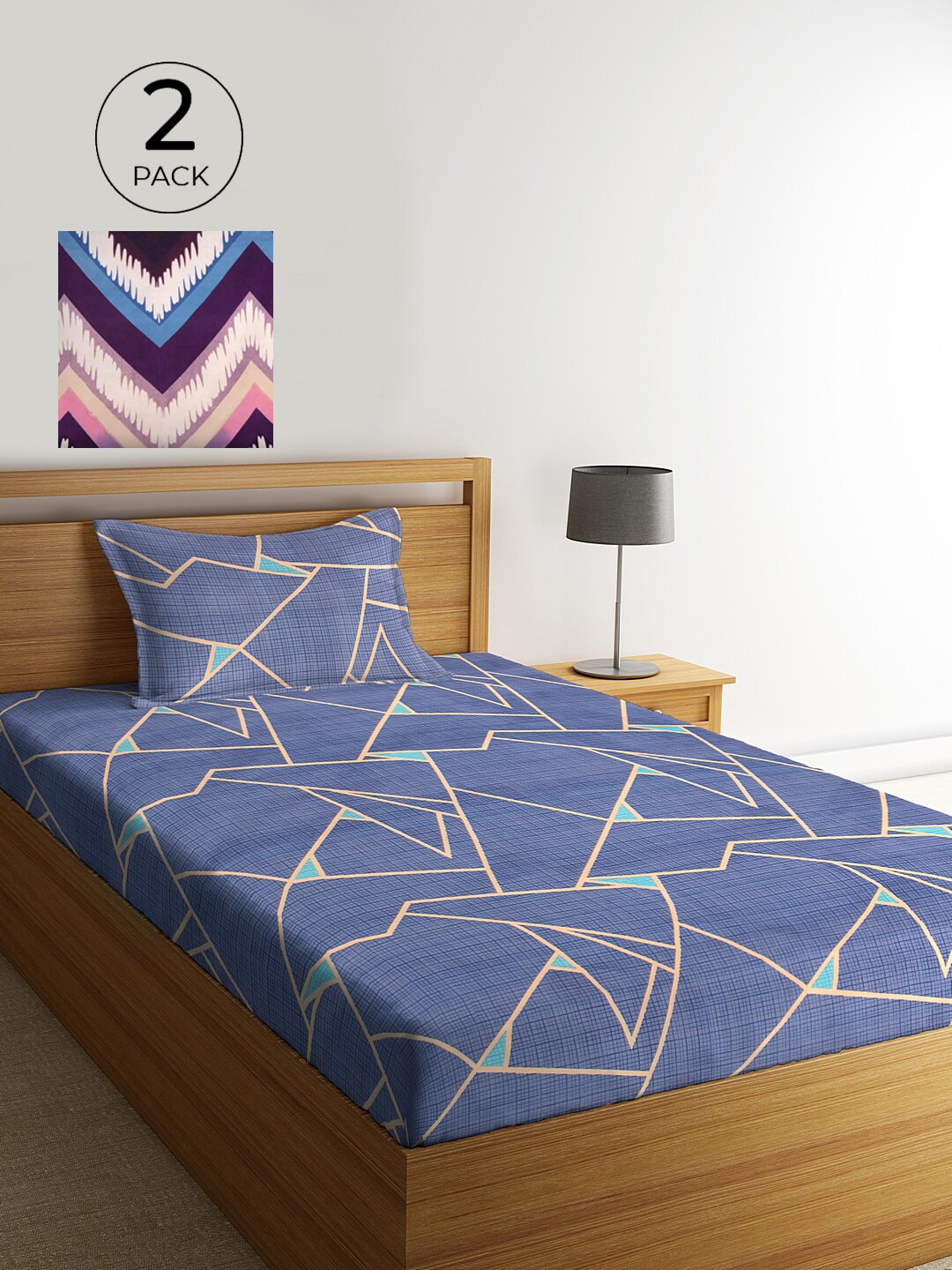 

KLOTTHE Pack of 2 Geometric 210 TC Single Bedsheet with 2 Pillow Covers, Blue