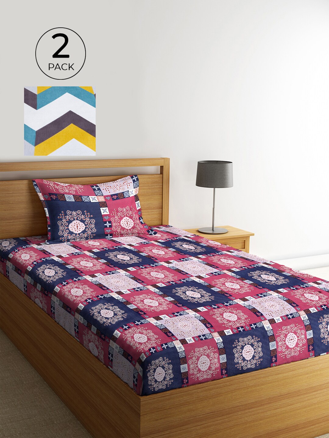 

KLOTTHE Pink & Blue Geometric 210 TC 2 Single Bedsheet with 2 Pillow Covers