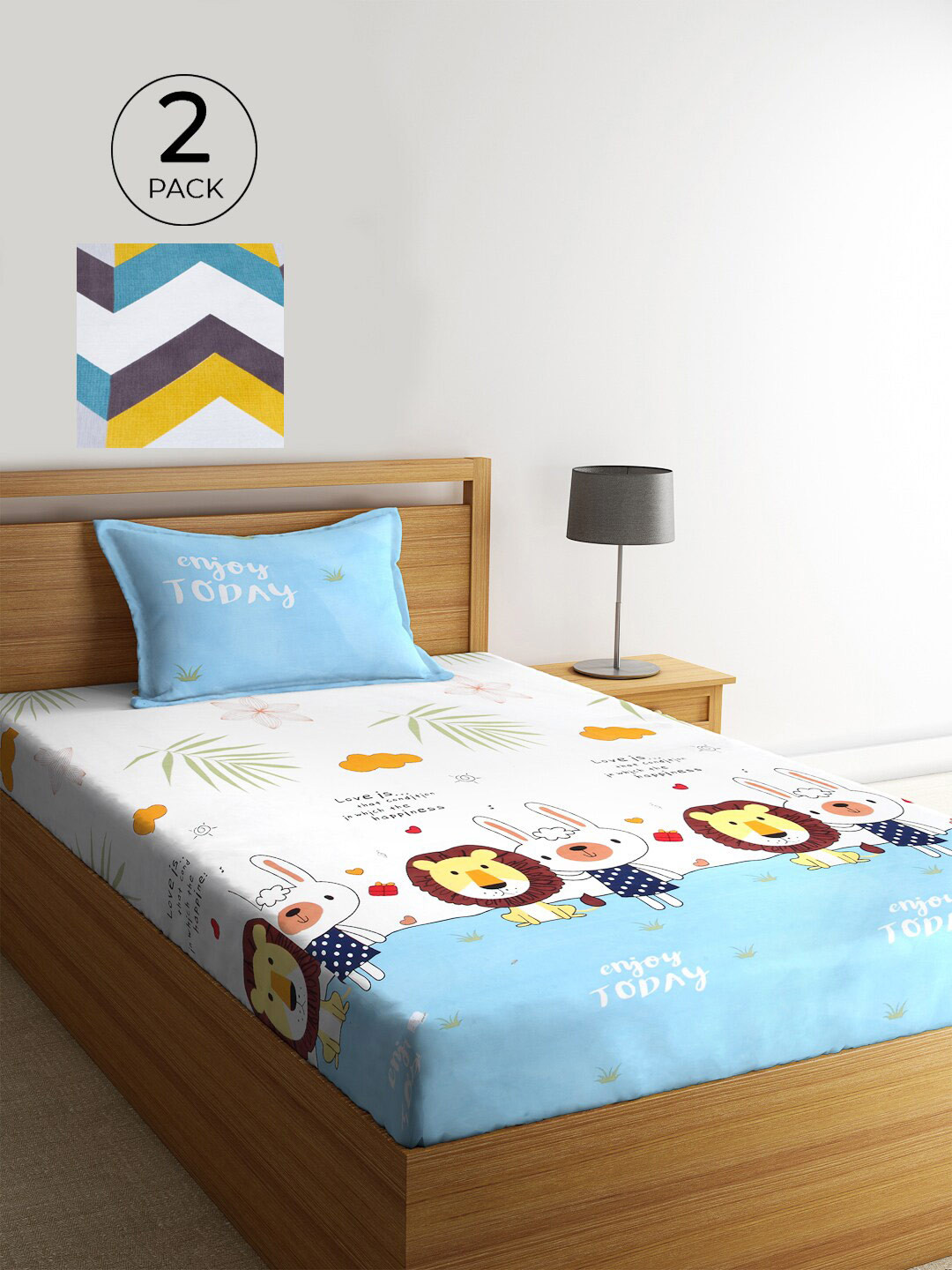 

KLOTTHE White & Blue Cartoon Characters 300 TC 2 Single Bedsheet with 2 Pillow Covers