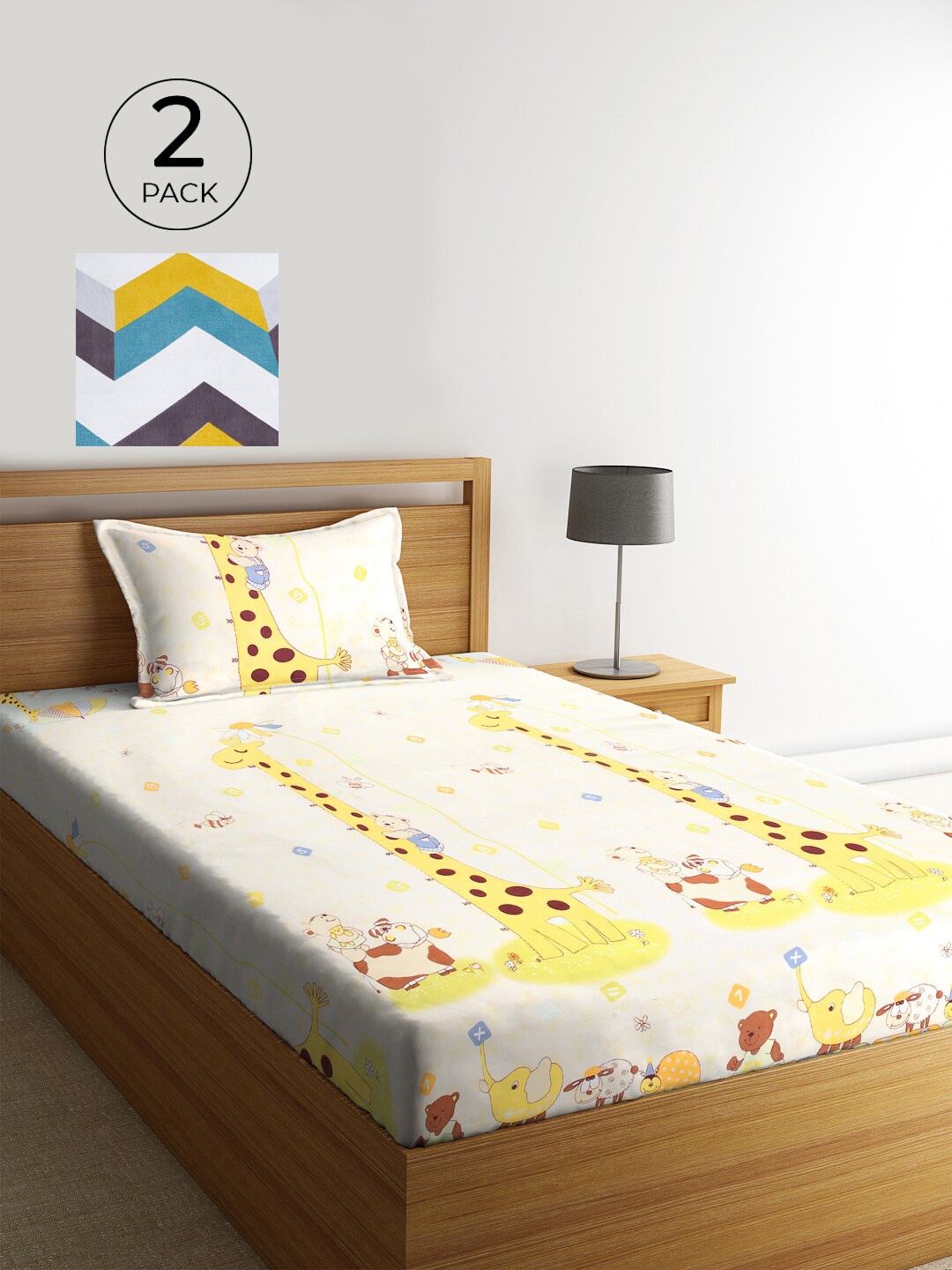 

KLOTTHE White & Yellow Cartoon Characters 210 TC 2 Single Bedsheet with 2 Pillow Covers
