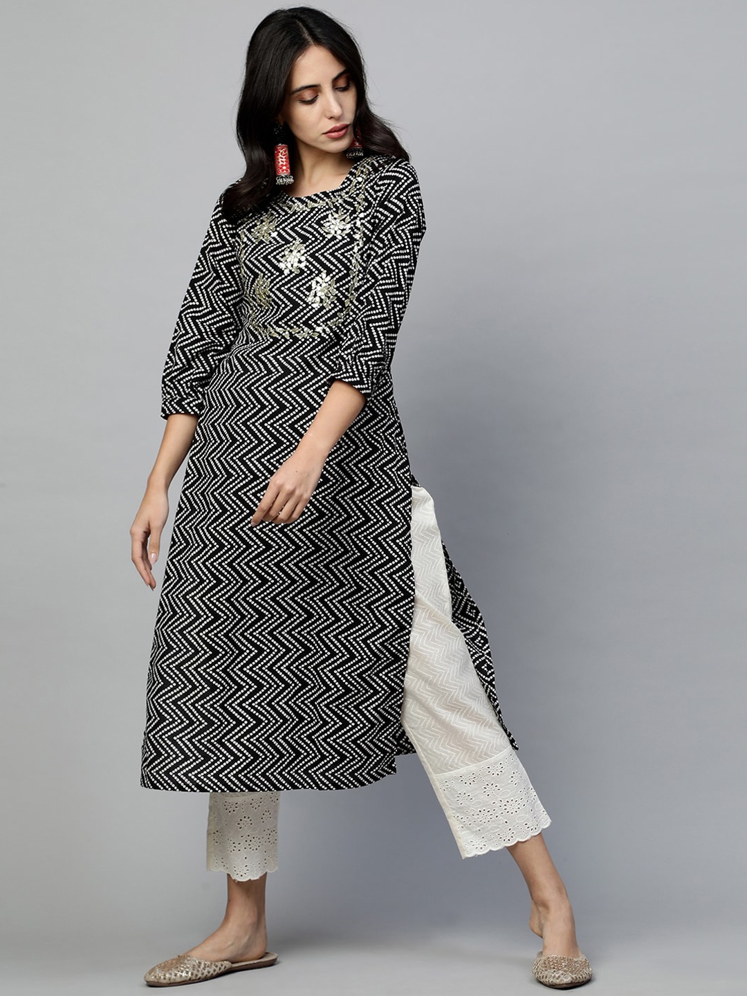 

FASHOR Women Black Printed Regular Pure Cotton Kurta with Trousers