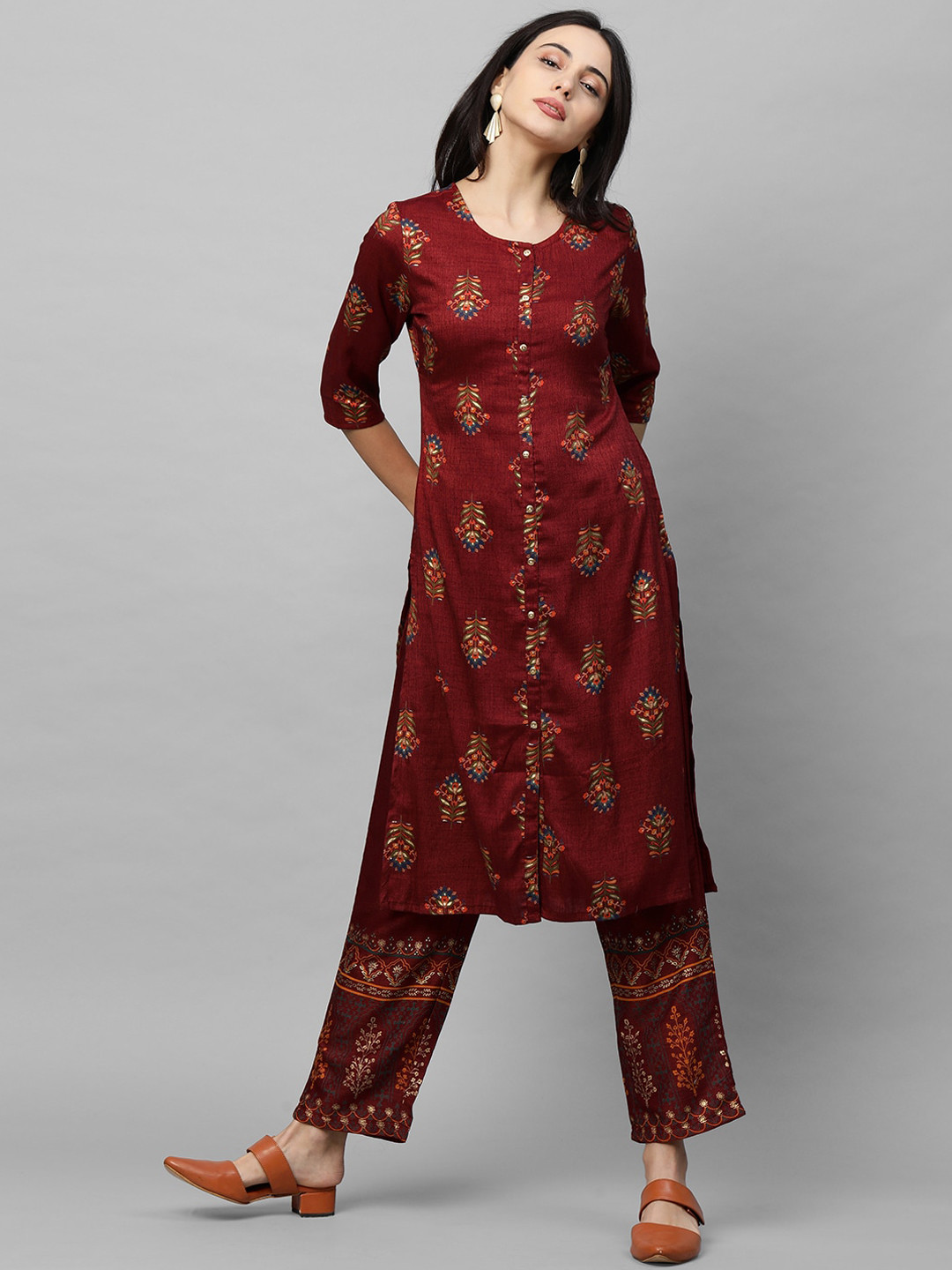 

FASHOR Women Maroon Ethnic Motifs Printed Regular Kurta with Trousers