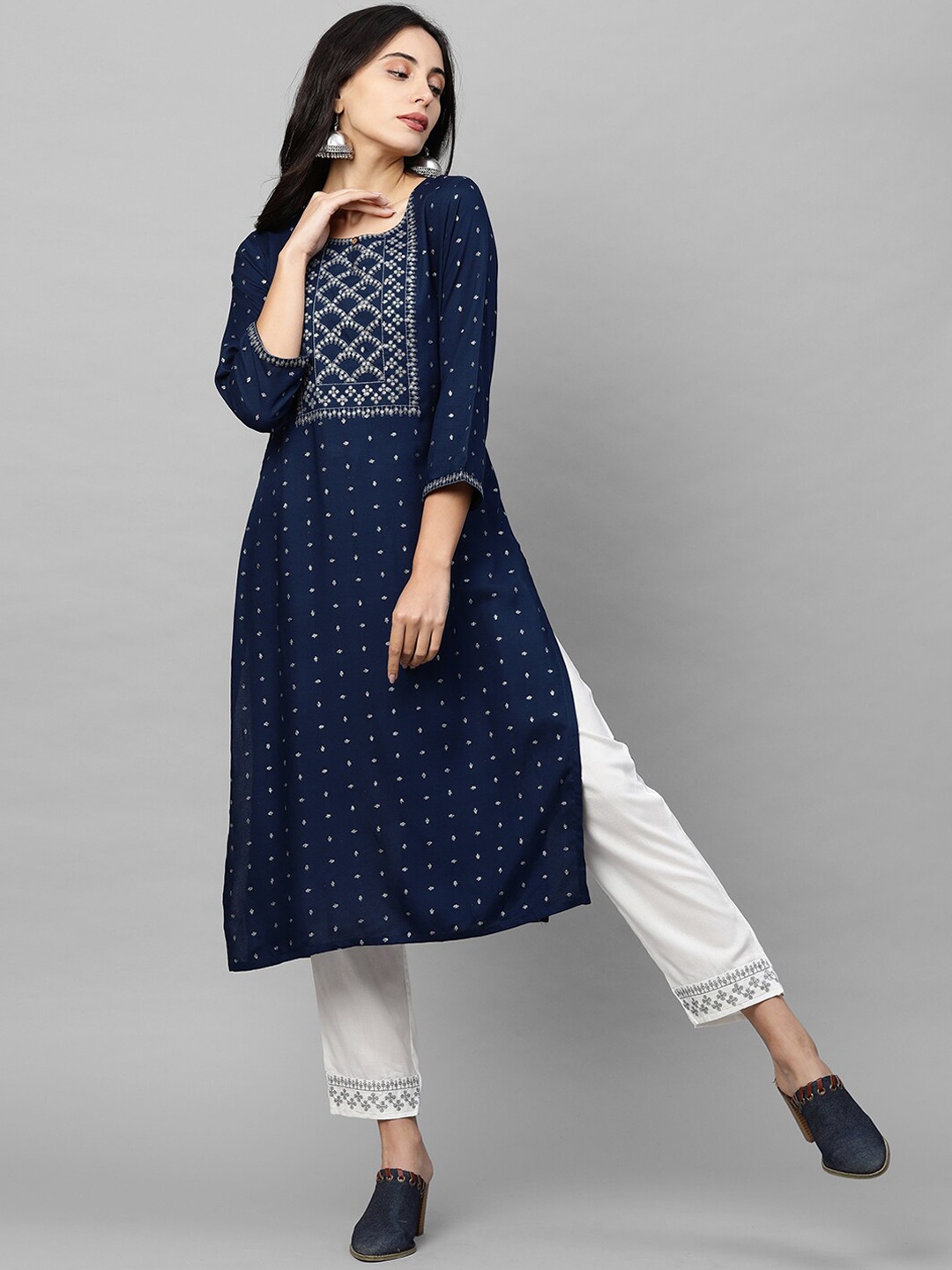 

FASHOR Women Navy Blue Printed Regular Kurta with Palazzos