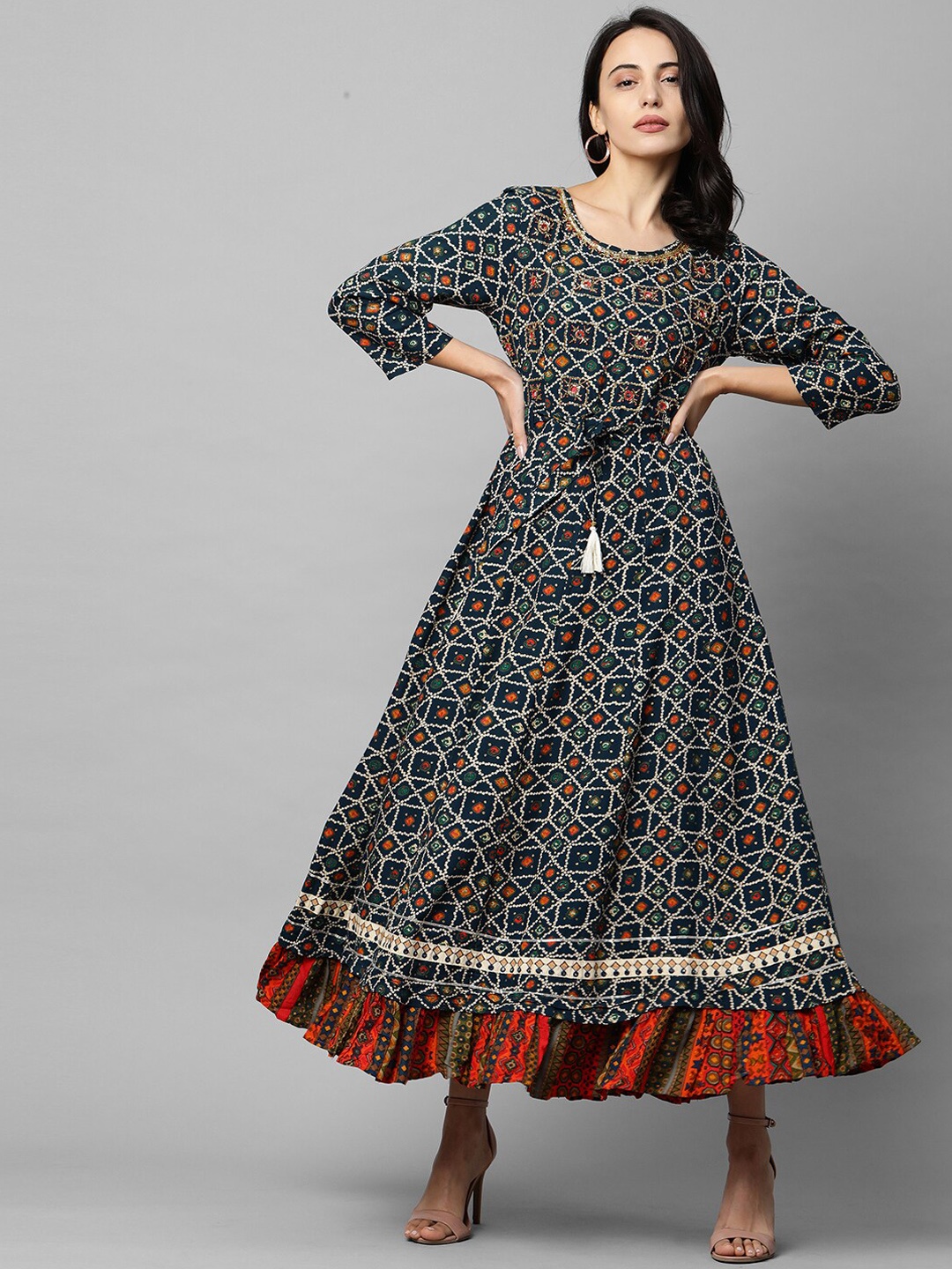 

FASHOR Navy Blue & Off White Ethnic Motifs Maxi Dress