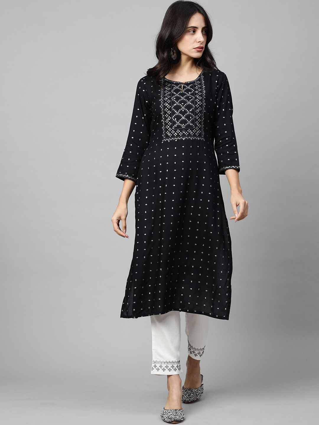 

FASHOR Women Black Ethnic Motifs Printed Regular Kurta with Trousers