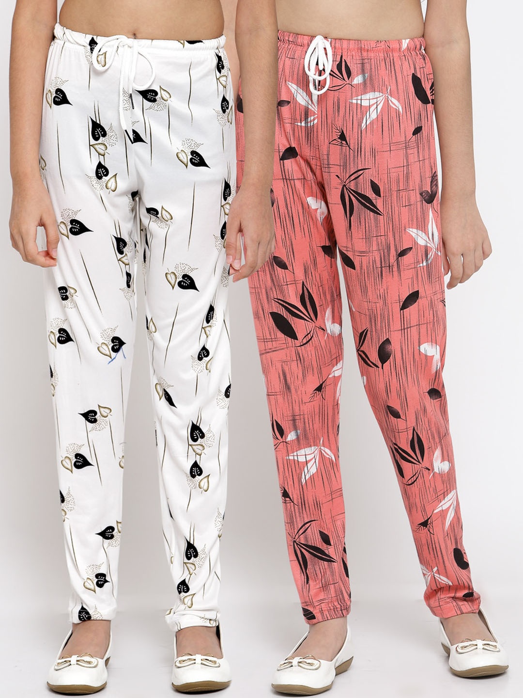 

Klotthe Kids Girls Pack of 2 White & Peach Printed Ankle Length Leggings