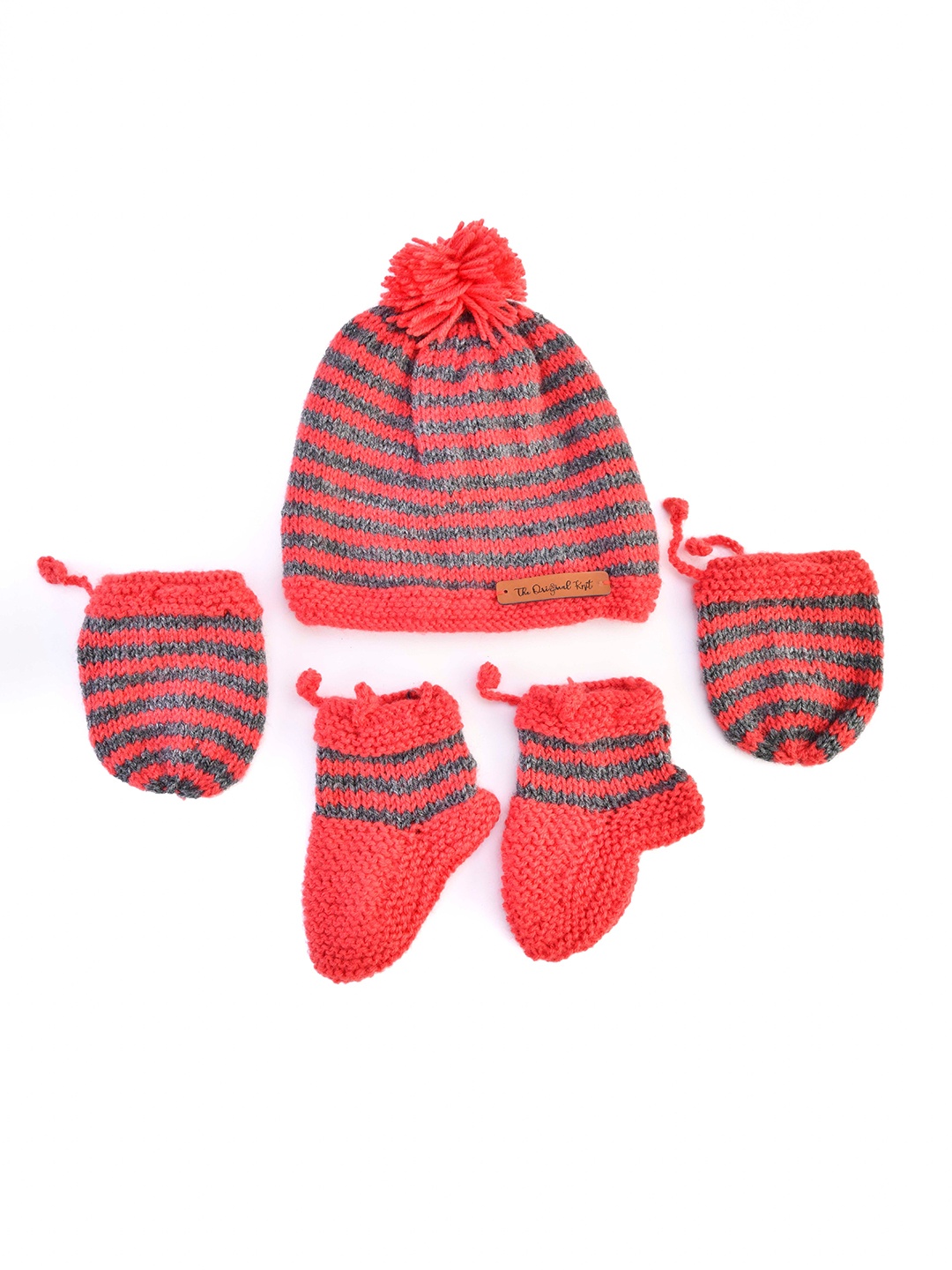 

The Original Knit Unisex Kids Coral & Grey Colourblocked Beanie With Socks & Mittens