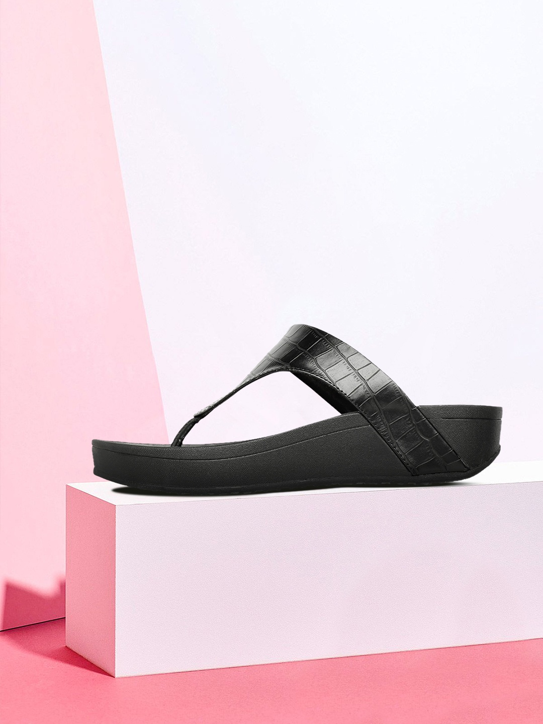 

DressBerry Women Black Croc Textured Comfort Heels with Buckle Detail