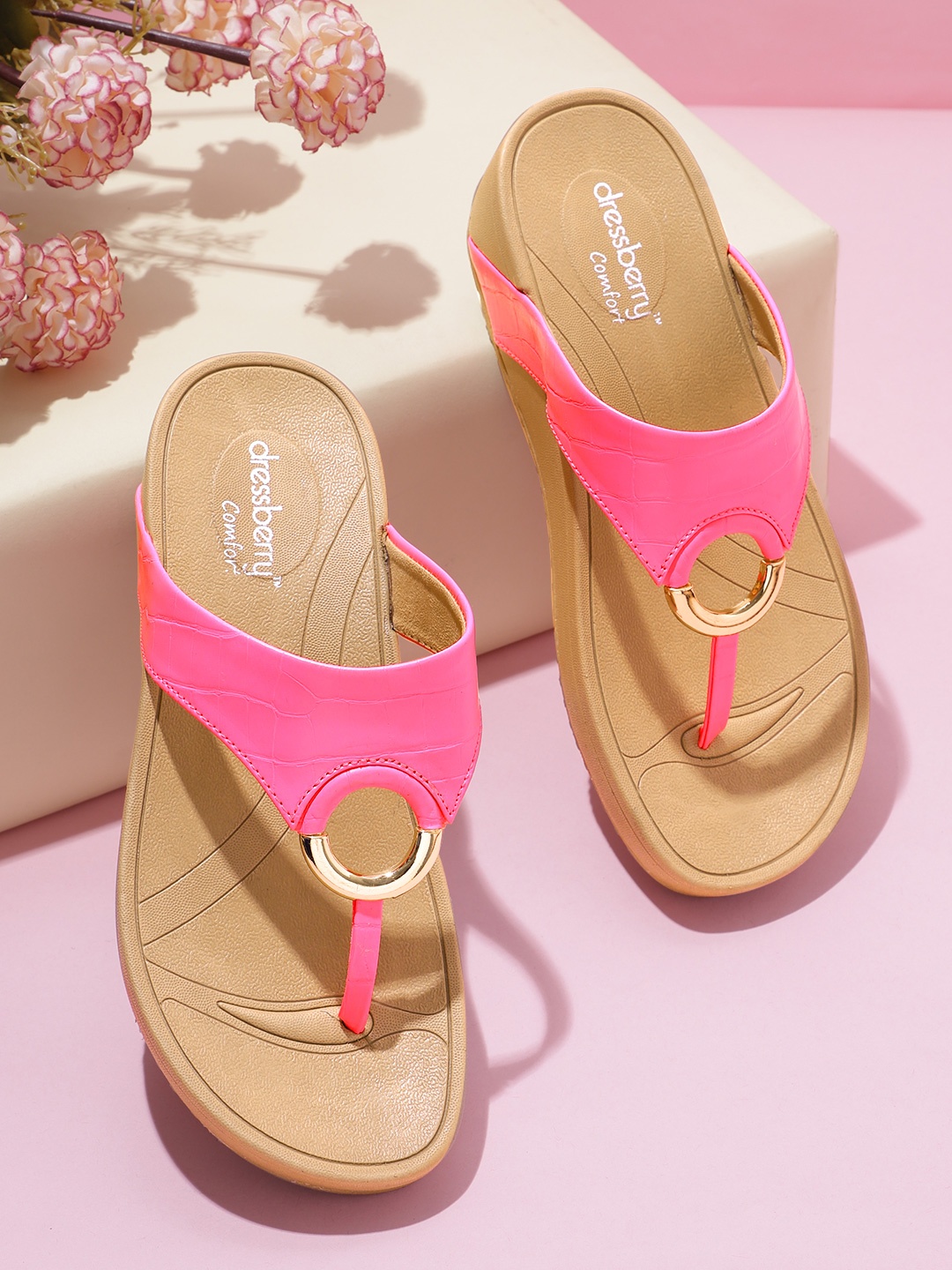 

DressBerry Women Neon Pink Croc Textured Comfort Heels