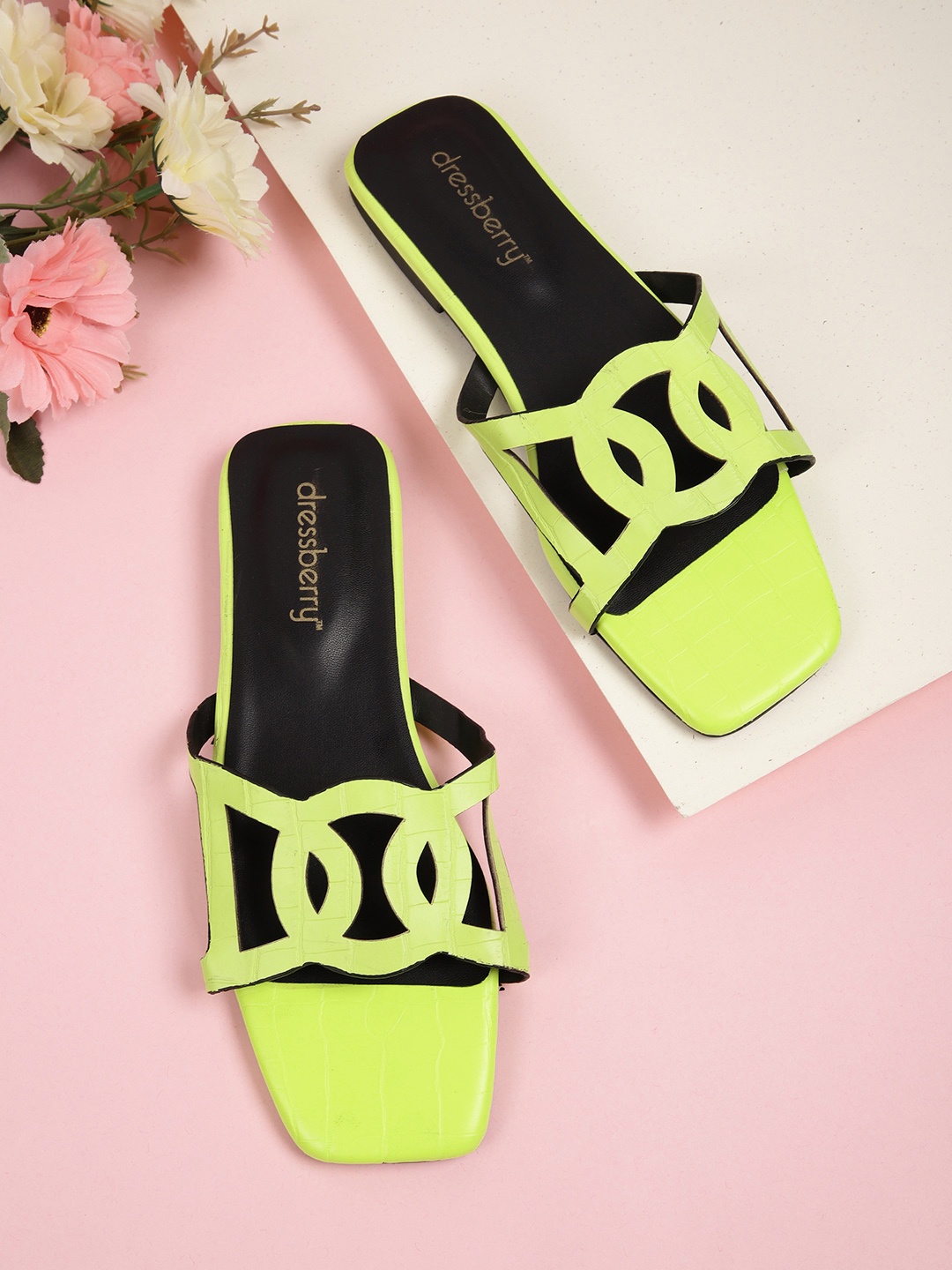 

DressBerry Women Fluorescent Green Croc Textured Open Toe Flats with Cut-Out