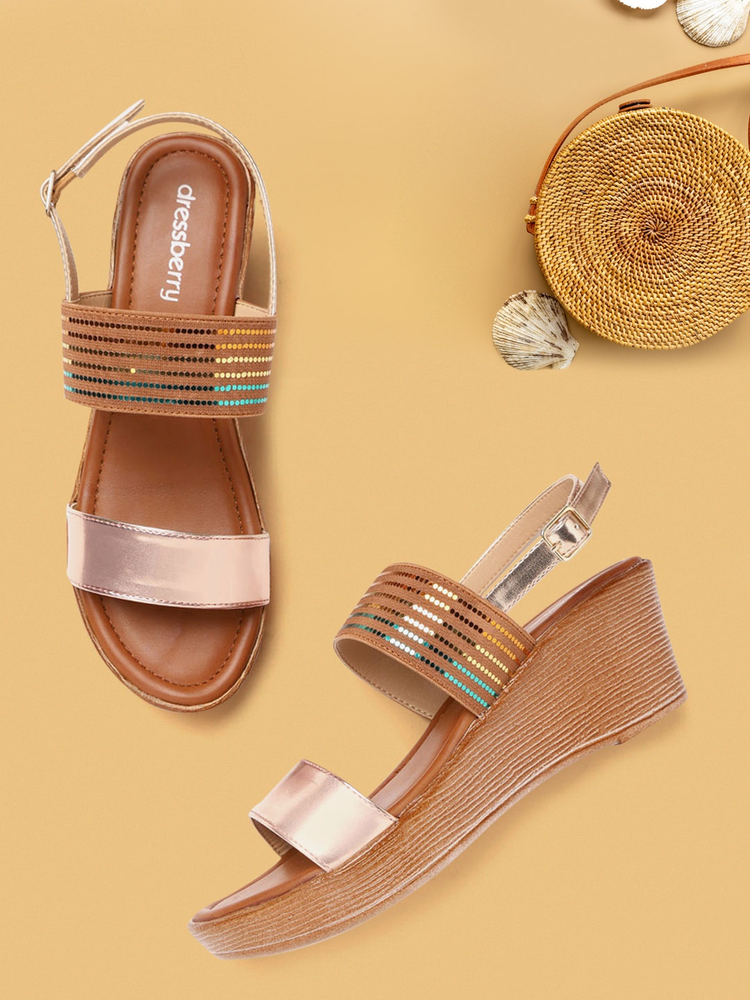 

DressBerry Women Rose Gold-Toned & Tan Brown Striped Wedge Heels
