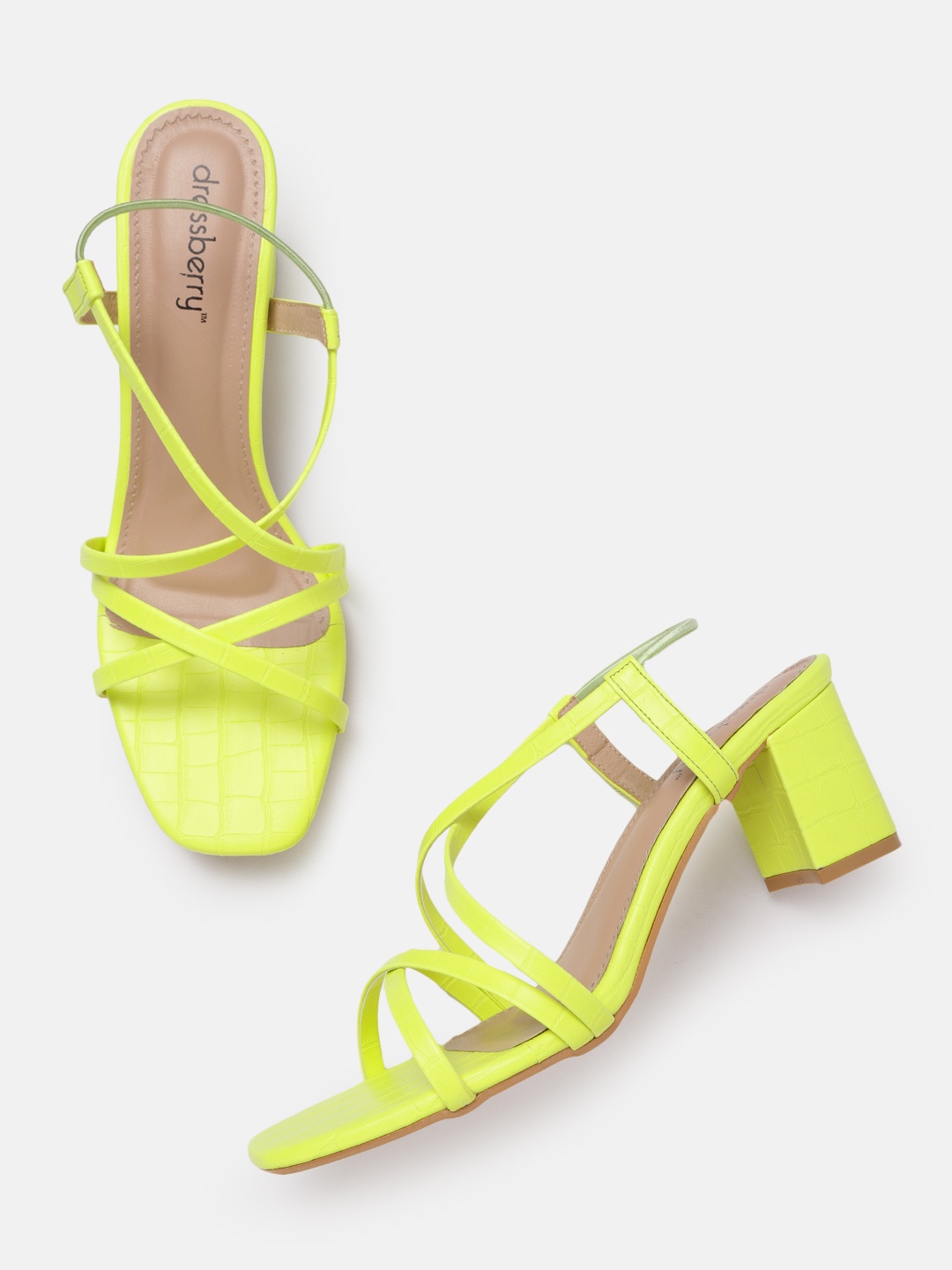 

DressBerry Neon Green Croc Textured Block Heels, Fluorescent green