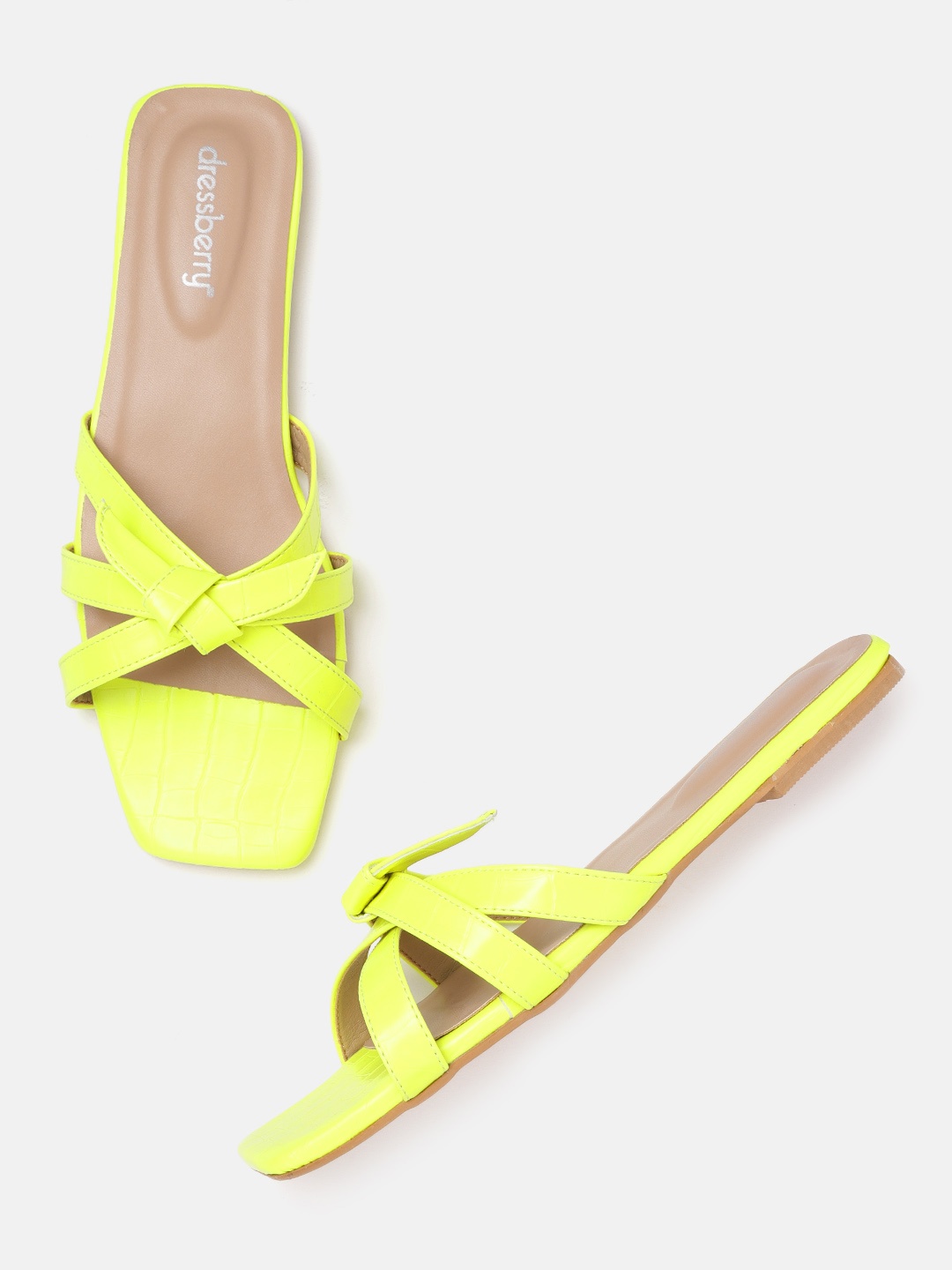 

DressBerry Women Neon Green Croc Textured Open Toe Flats, Fluorescent green