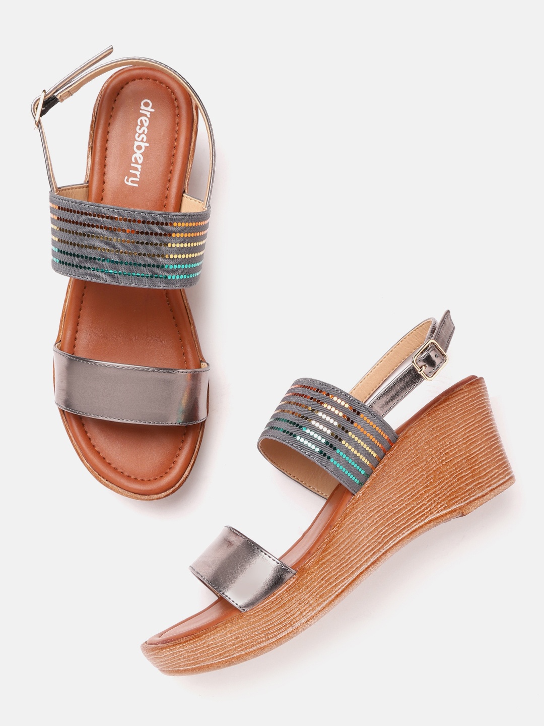 

DressBerry Women Gunmetal-Toned & Gold-Toned Striped Wedge Heels, Metallic