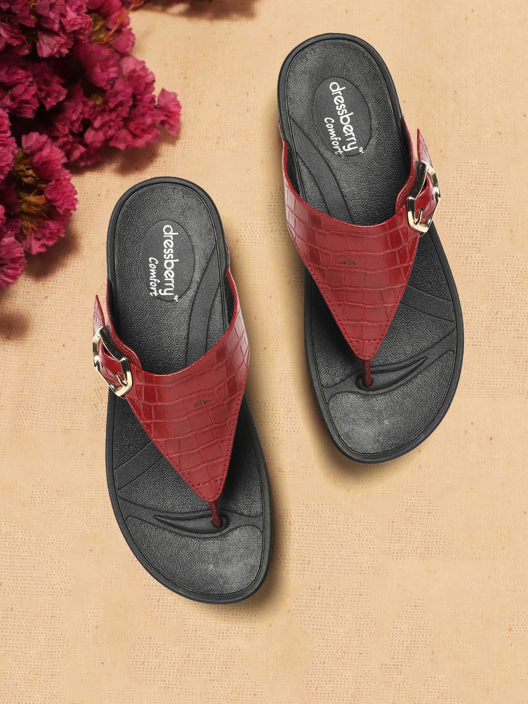 

DressBerry Women Maroon Croc Textured Comfort Heels with Buckle Detail