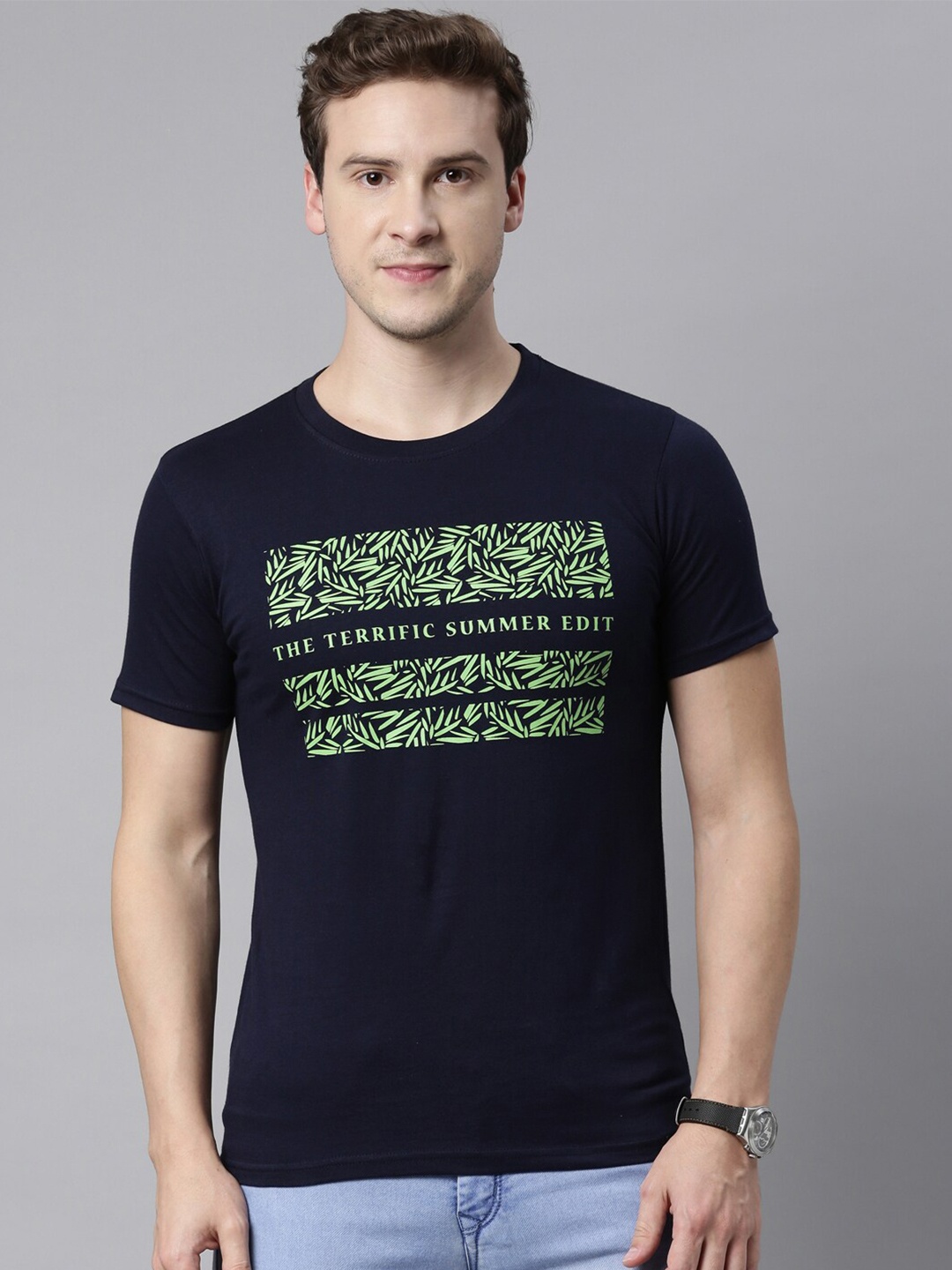 

Joven Men Navy Blue Typography Printed T-shirt