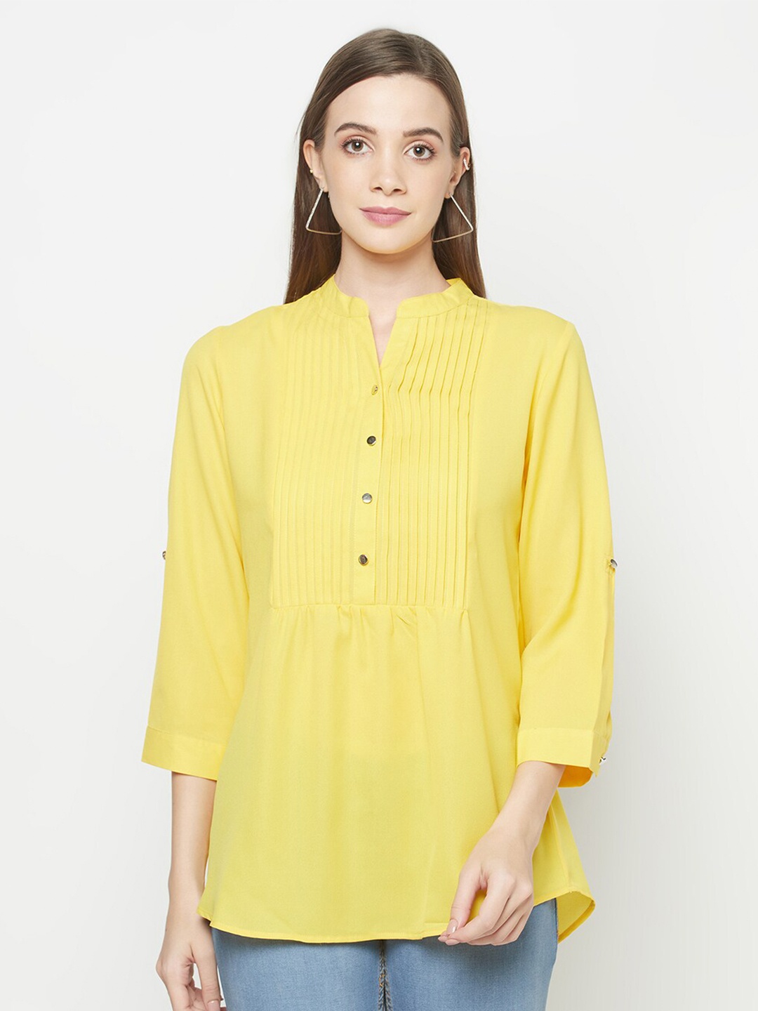 

Purple State Yellow Mandarin Collar Roll-Up Sleeves Shirt Style Top